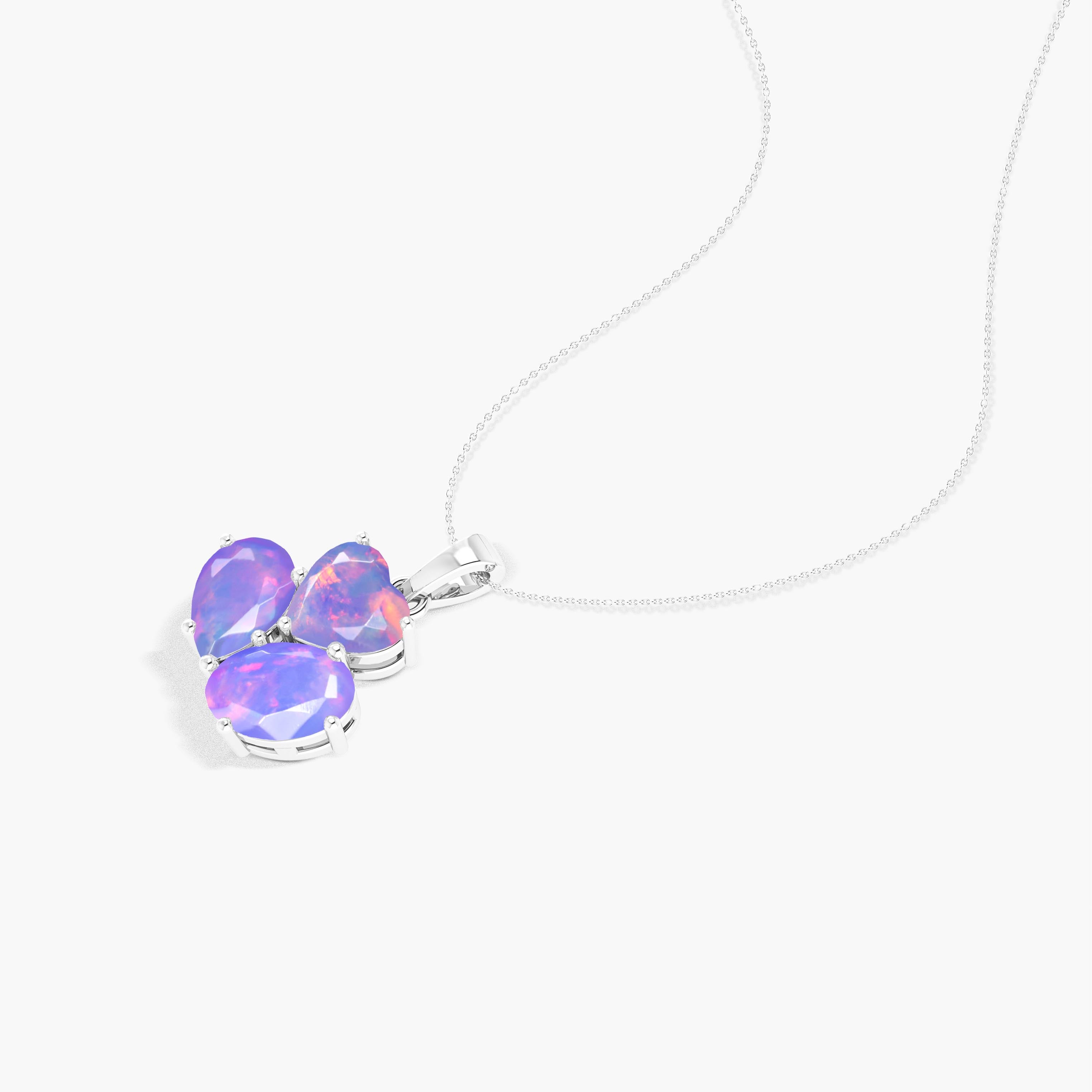 Lavender Opal 3 Stone Heart Pendant Necklace in 925 Sterling Silver 1.3ct