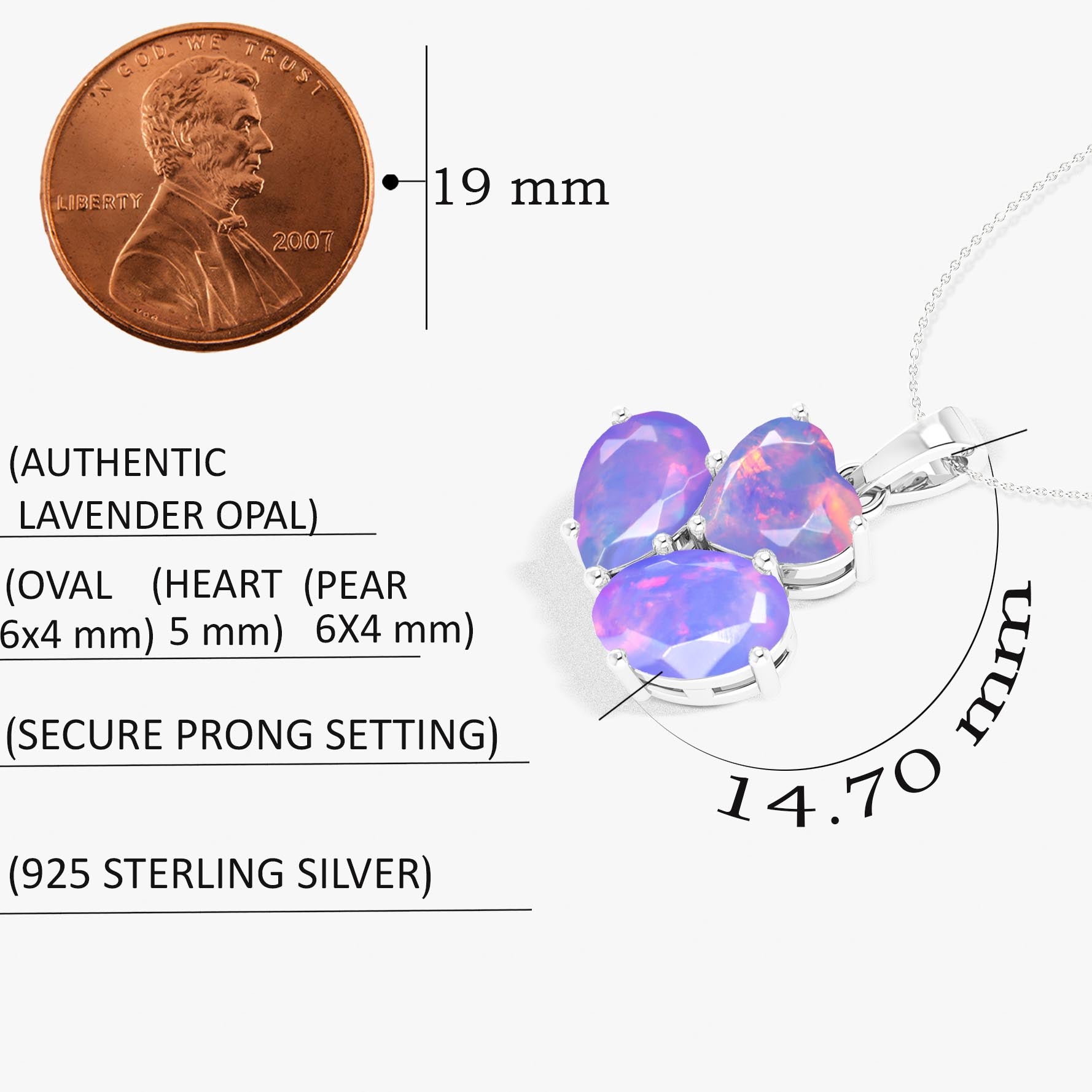 Lavender Opal 3 Stone Heart Pendant Necklace in 925 Sterling Silver 1.3ct