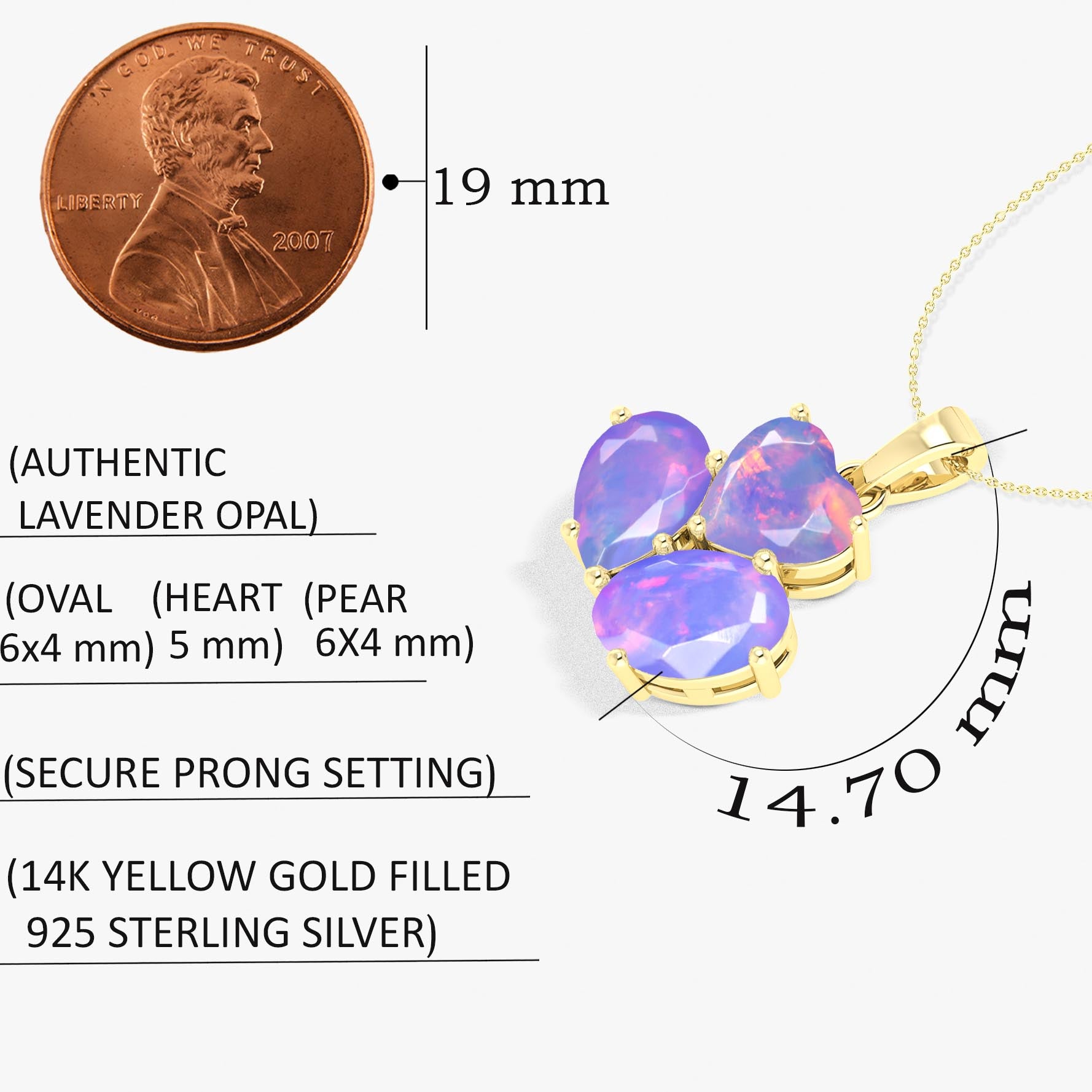 Lavender Opal 3 Stone Heart Pendant Necklace in 925 Sterling Silver 1.3ct