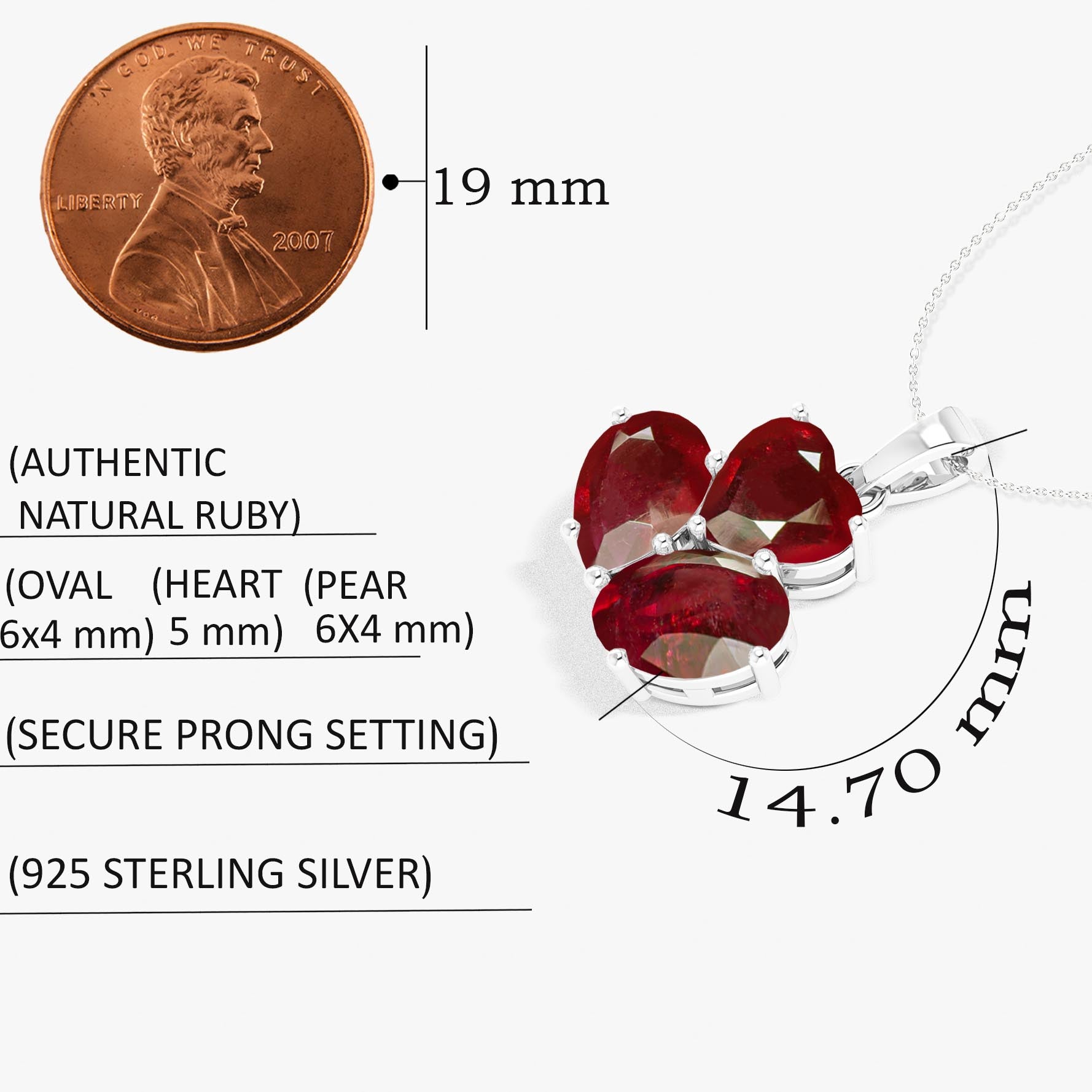 Ruby 3 Stone Heart Pendant Necklace in 925 Sterling Silver 1.65ct