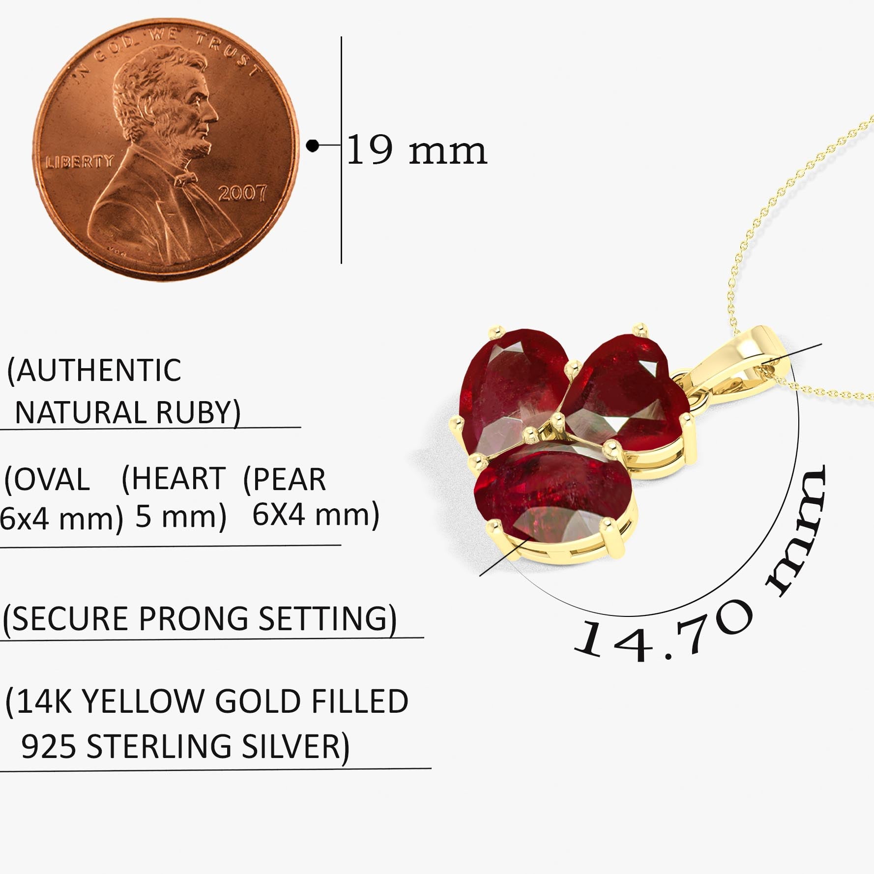 Ruby 3 Stone Heart Pendant Necklace in 925 Sterling Silver 1.65ct