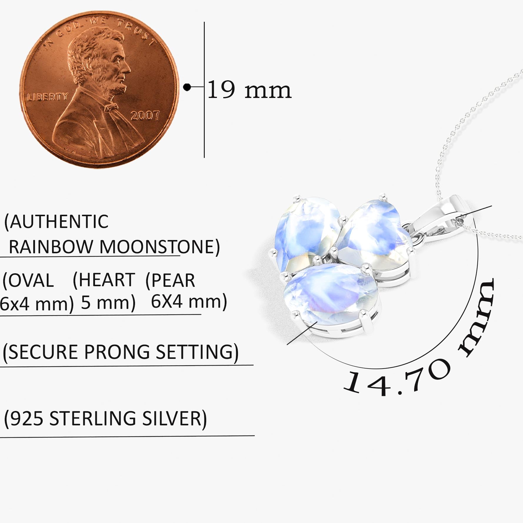 Moonstone 3 Stone Heart Pendant Necklace in 925 Sterling Silver 1.65ct