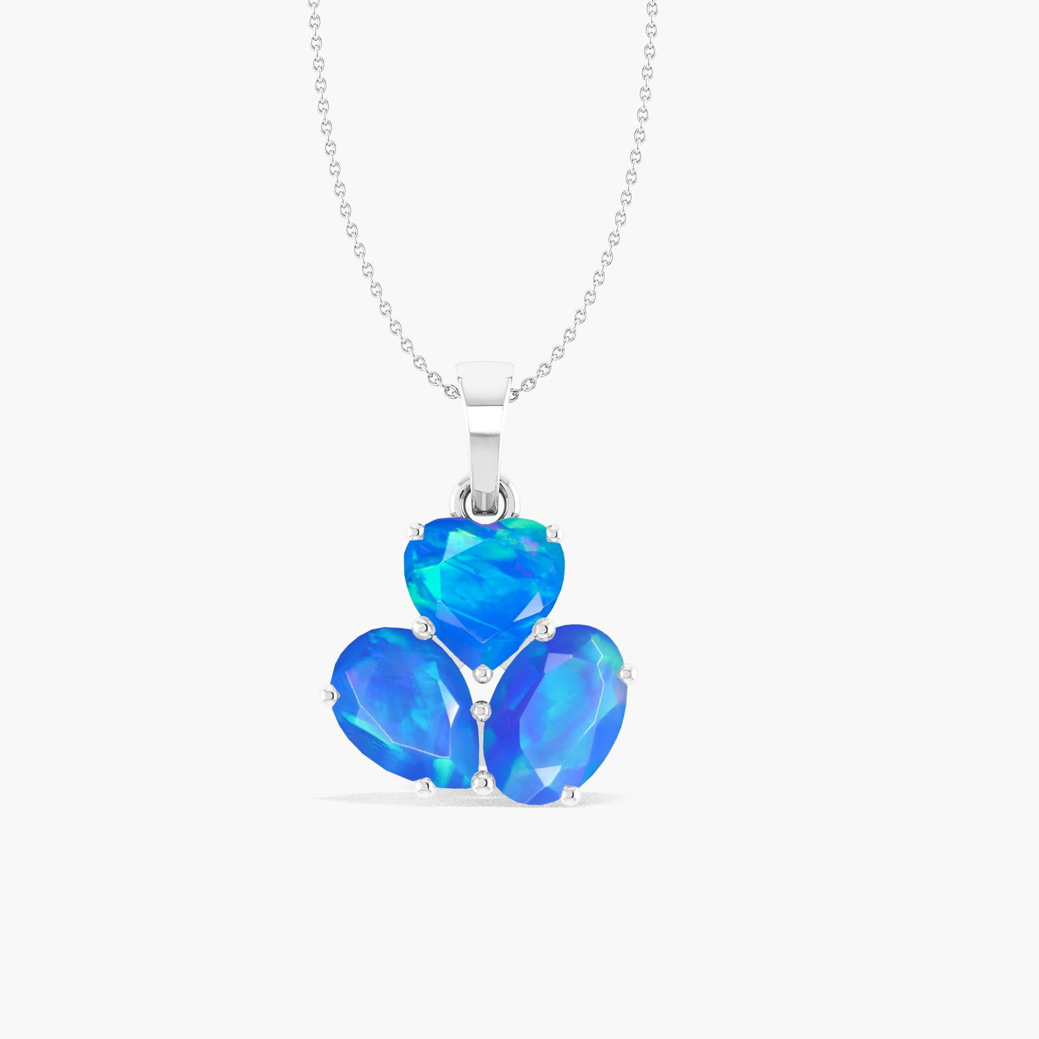 Blue Opal 3 Stone Heart Pendant Necklace in 925 Sterling Silver 1.3ct