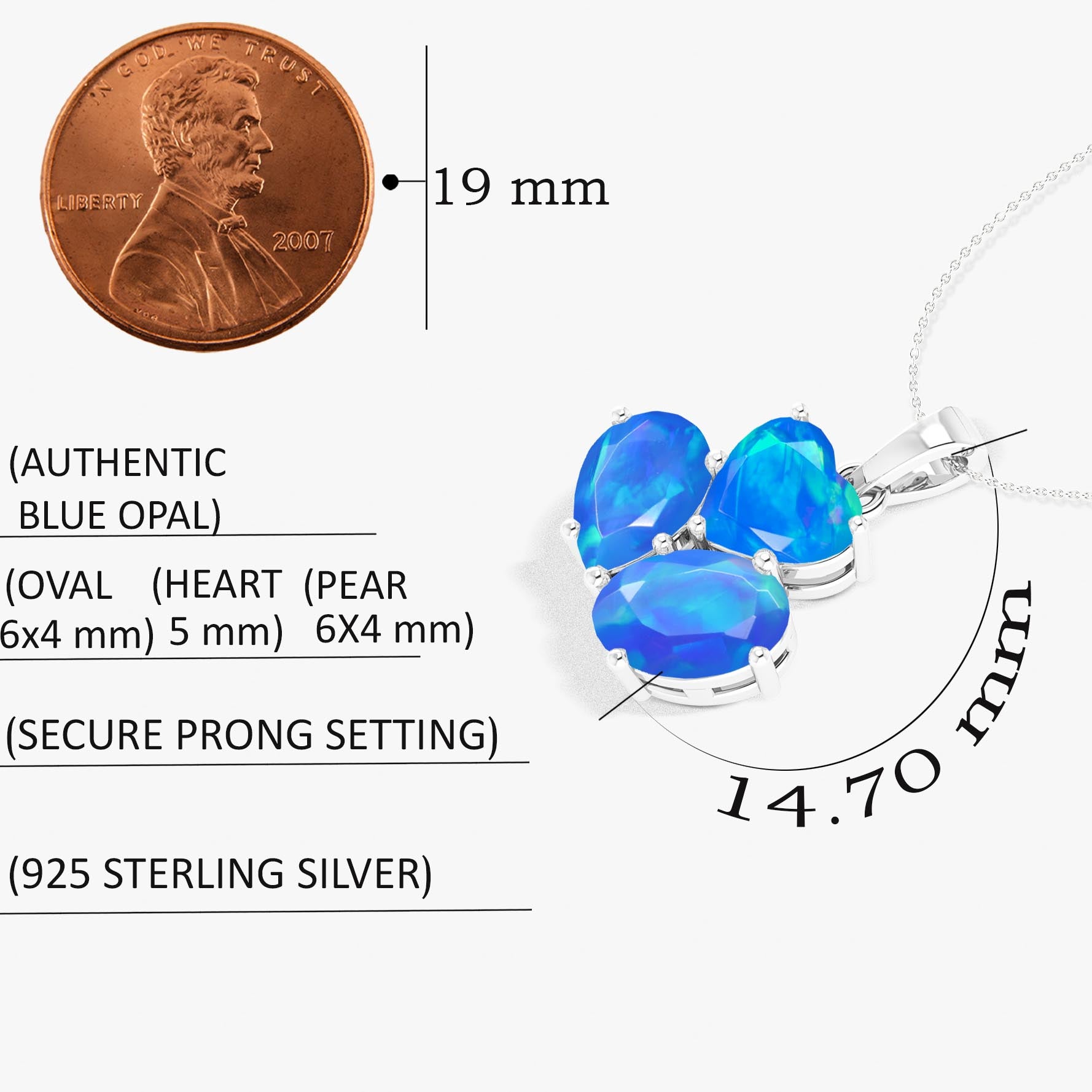 Blue Opal 3 Stone Heart Pendant Necklace in 925 Sterling Silver 1.3ct