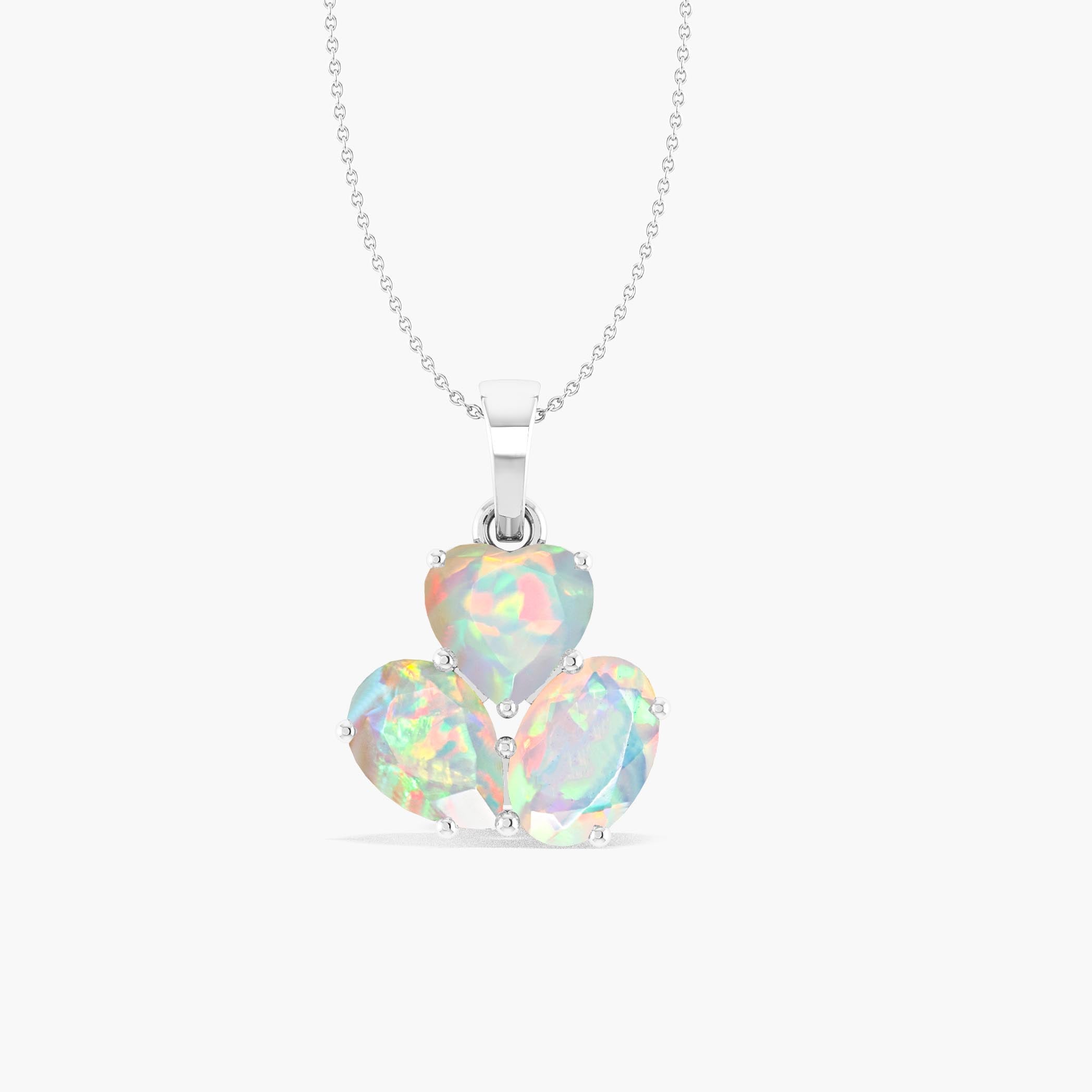 White Opal 3 Stone Heart Pendant Necklace in 925 Sterling Silver 1.3ct