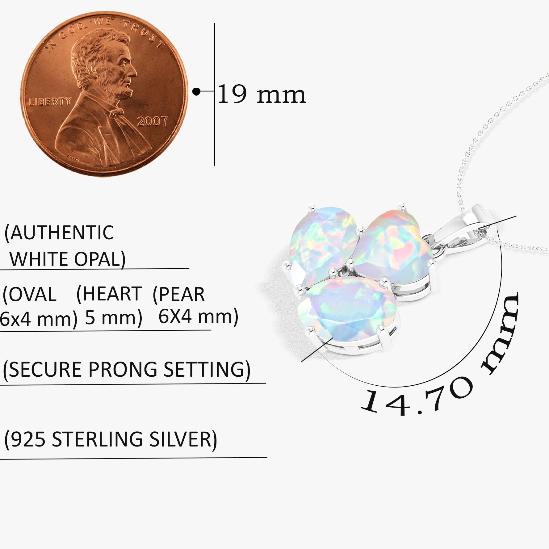 White Opal 3 Stone Heart Pendant Necklace in 925 Sterling Silver 1.3ct