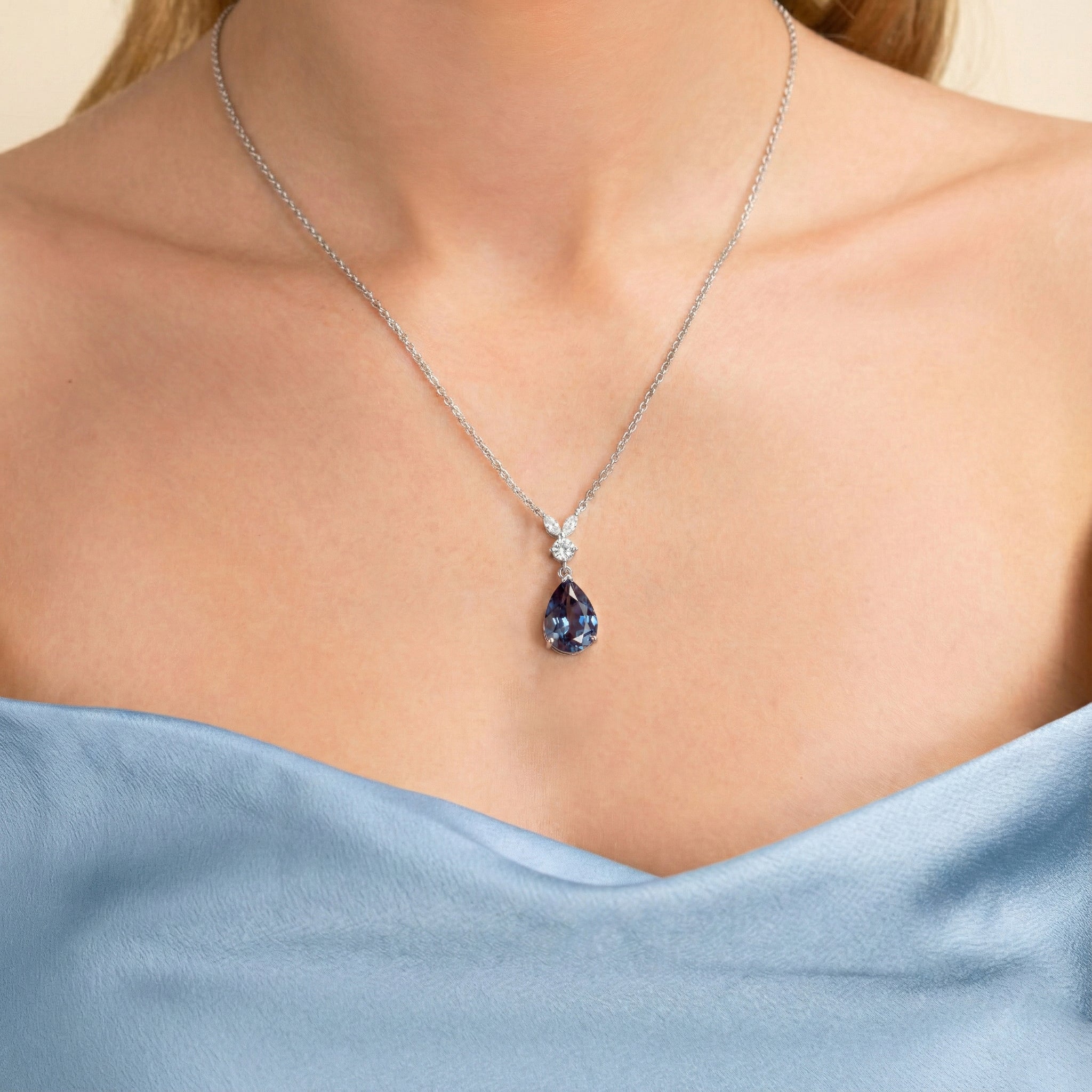 Natural Alexandrite Pear Teardrop Pendant Necklace in 925 Sterling Silver 1.7ct