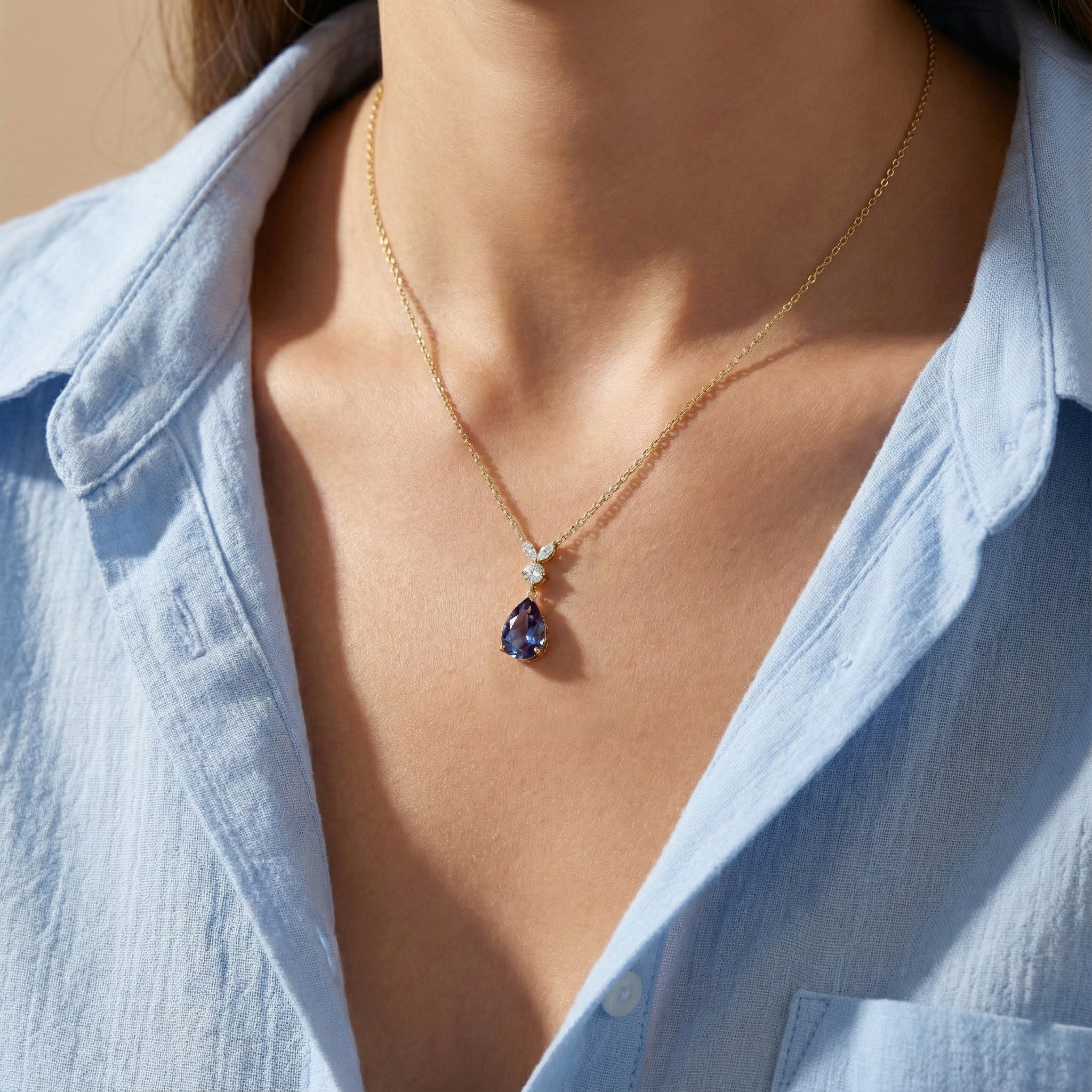 Natural Alexandrite Pear Teardrop Pendant Necklace in 925 Sterling Silver 1.7ct