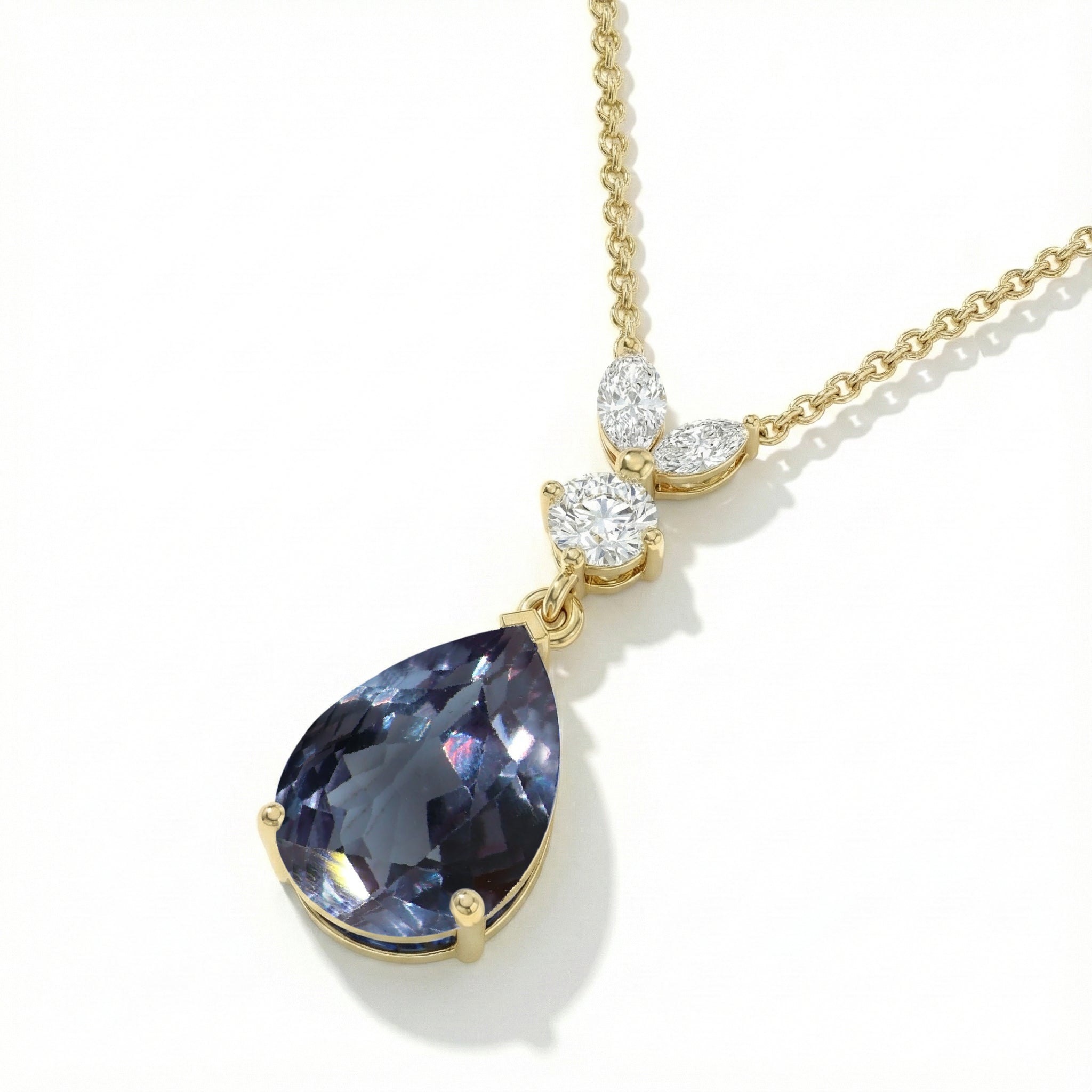 Alexandrite Pear Teardrop Pendant Necklace in Yellow Gold Plated 1.7ct
