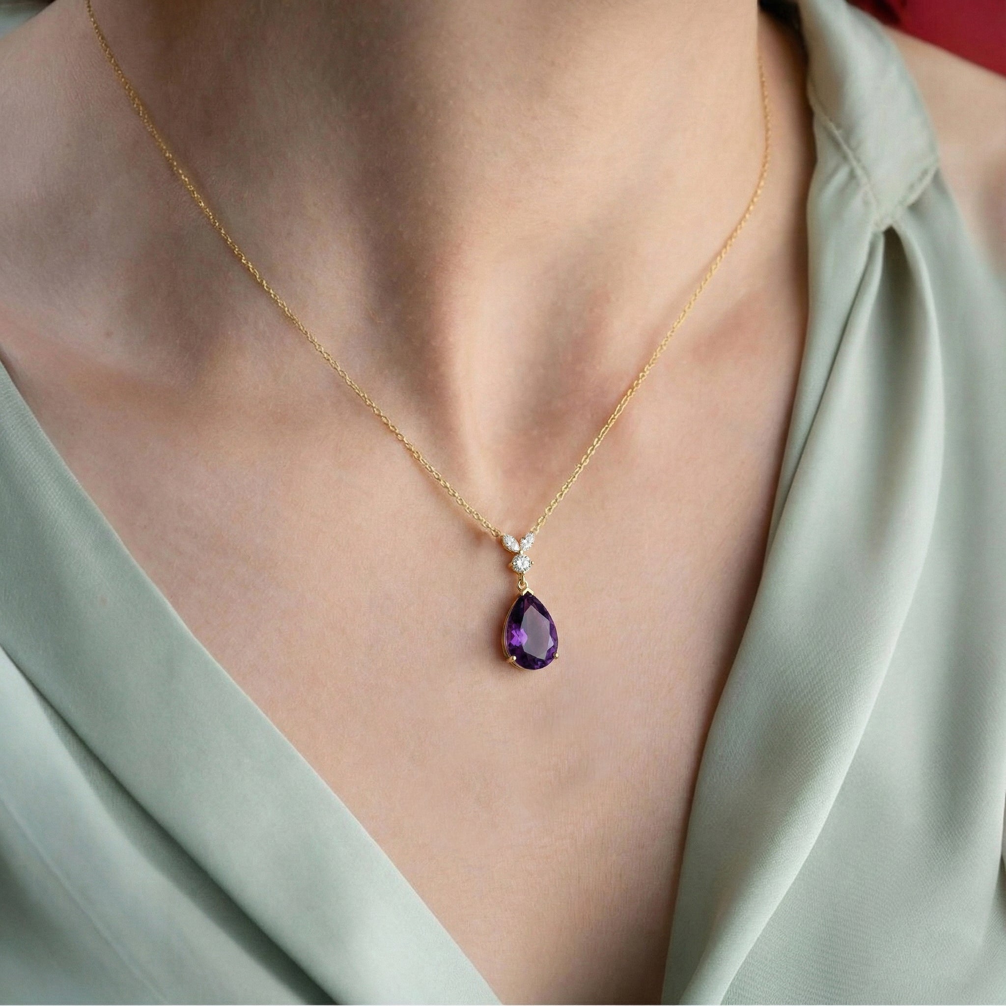 Amethyst Pear Teardrop Pendant Necklace in 925 Sterling Silver 1.7ct