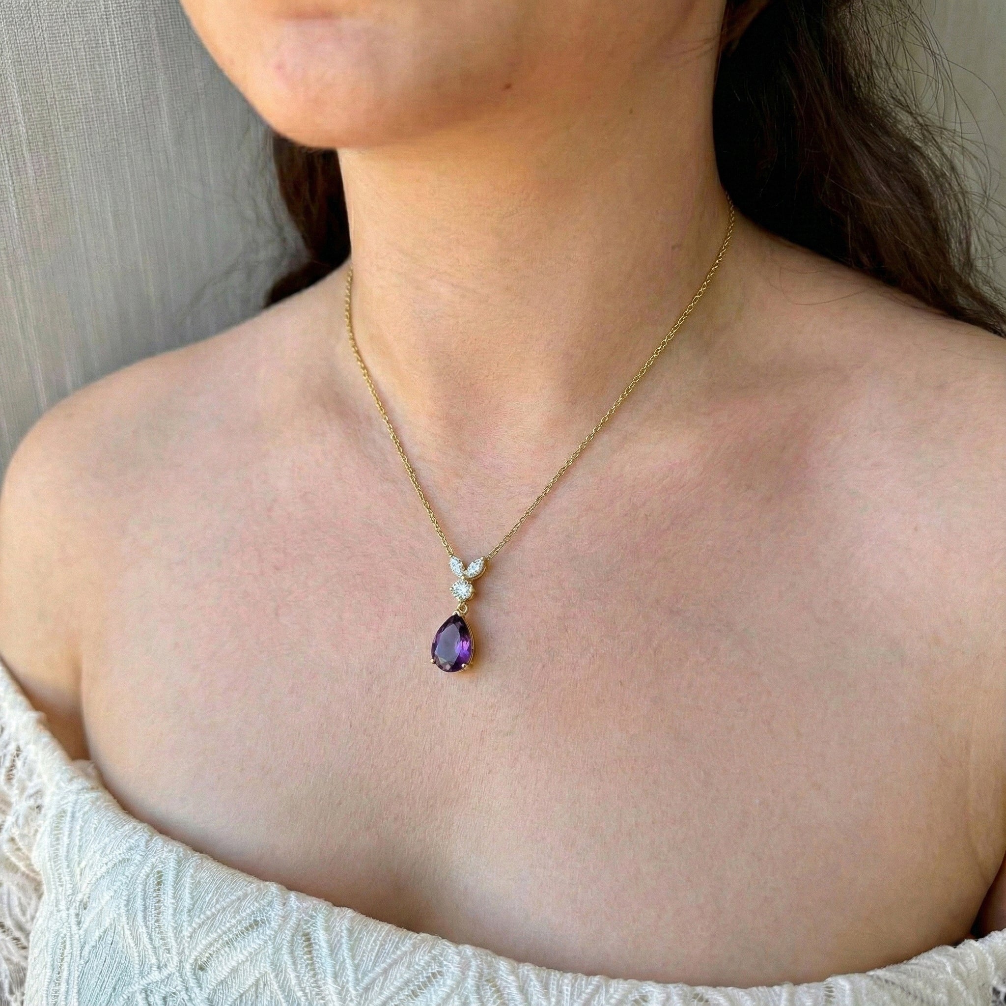 Amethyst Pear Teardrop Pendant Necklace in 925 Sterling Silver 1.7ct