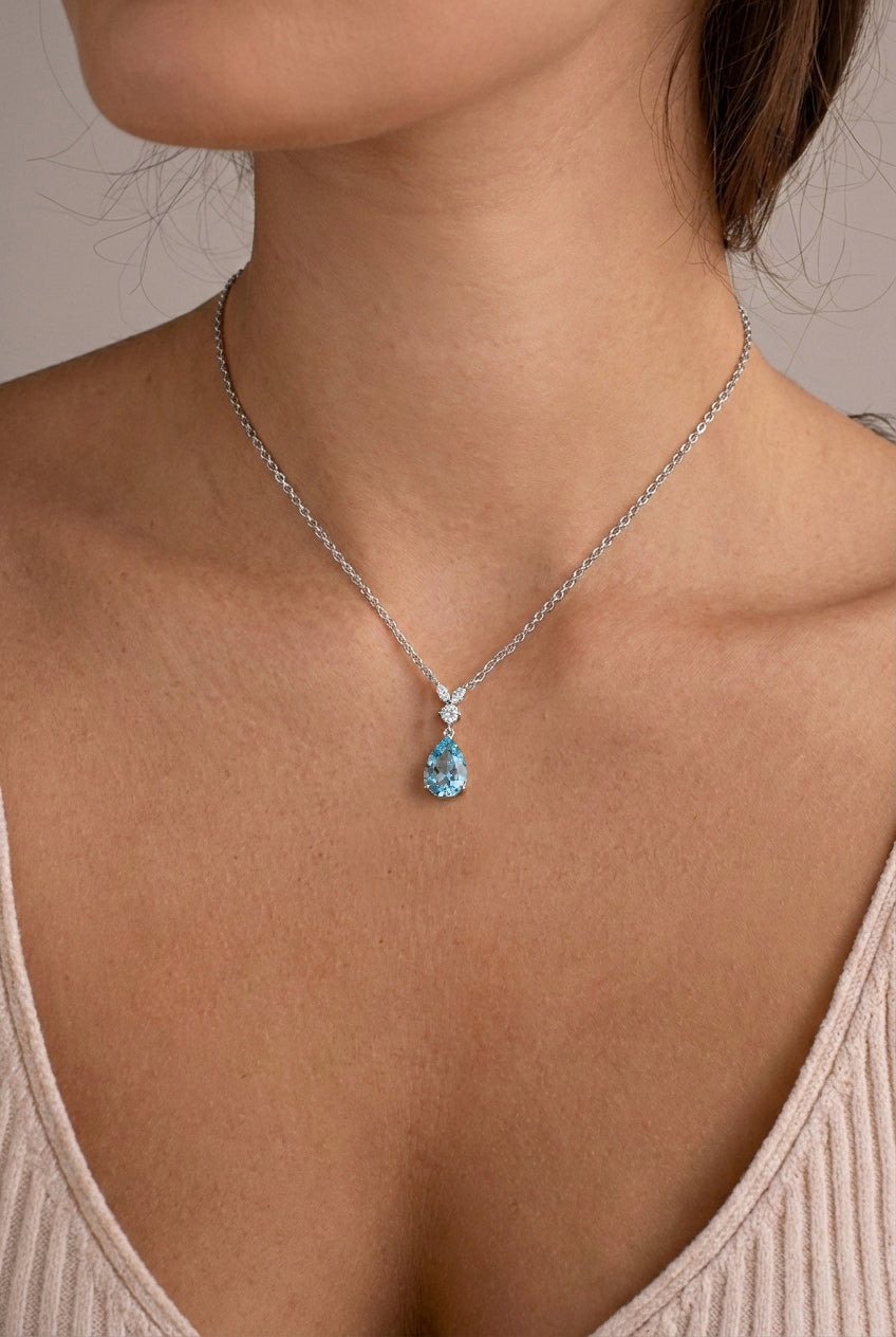Aquamarine Pear Teardrop Pendant Necklace in 925 Sterling Silver 1.7ct