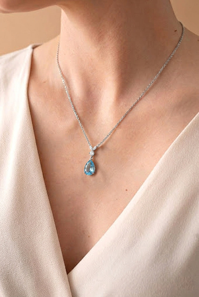 Aquamarine Pear Teardrop Pendant Necklace in 925 Sterling Silver 1.7ct