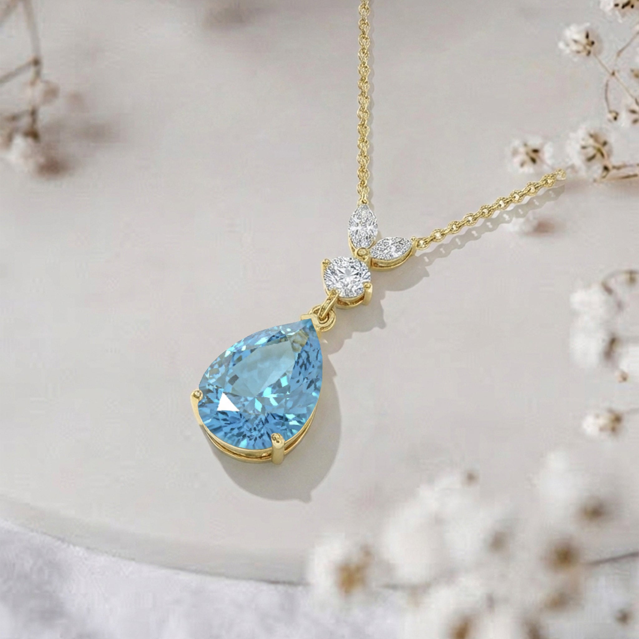 Aquamarine Pear Teardrop Pendant Necklace in 925 Sterling Silver 1.7ct