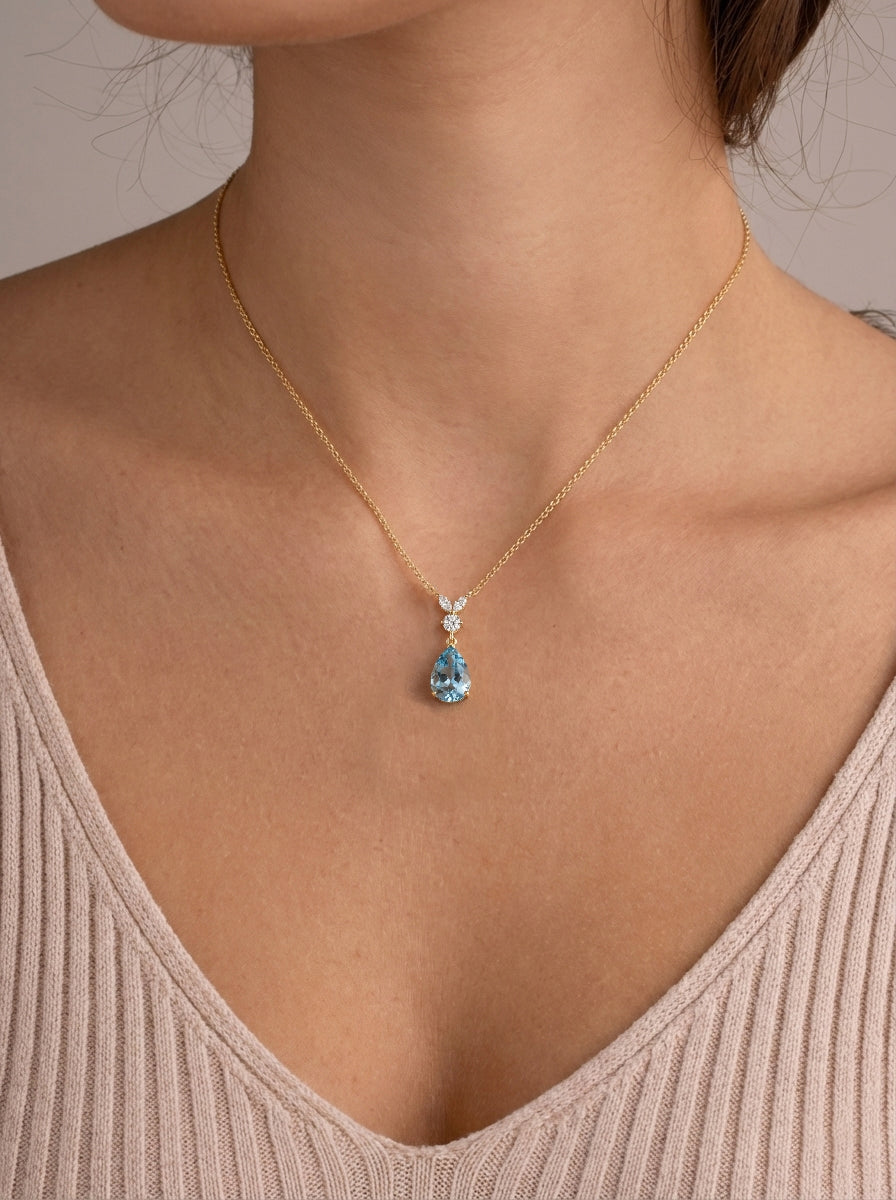 Aquamarine Pear Teardrop Pendant Necklace in 925 Sterling Silver 1.7ct