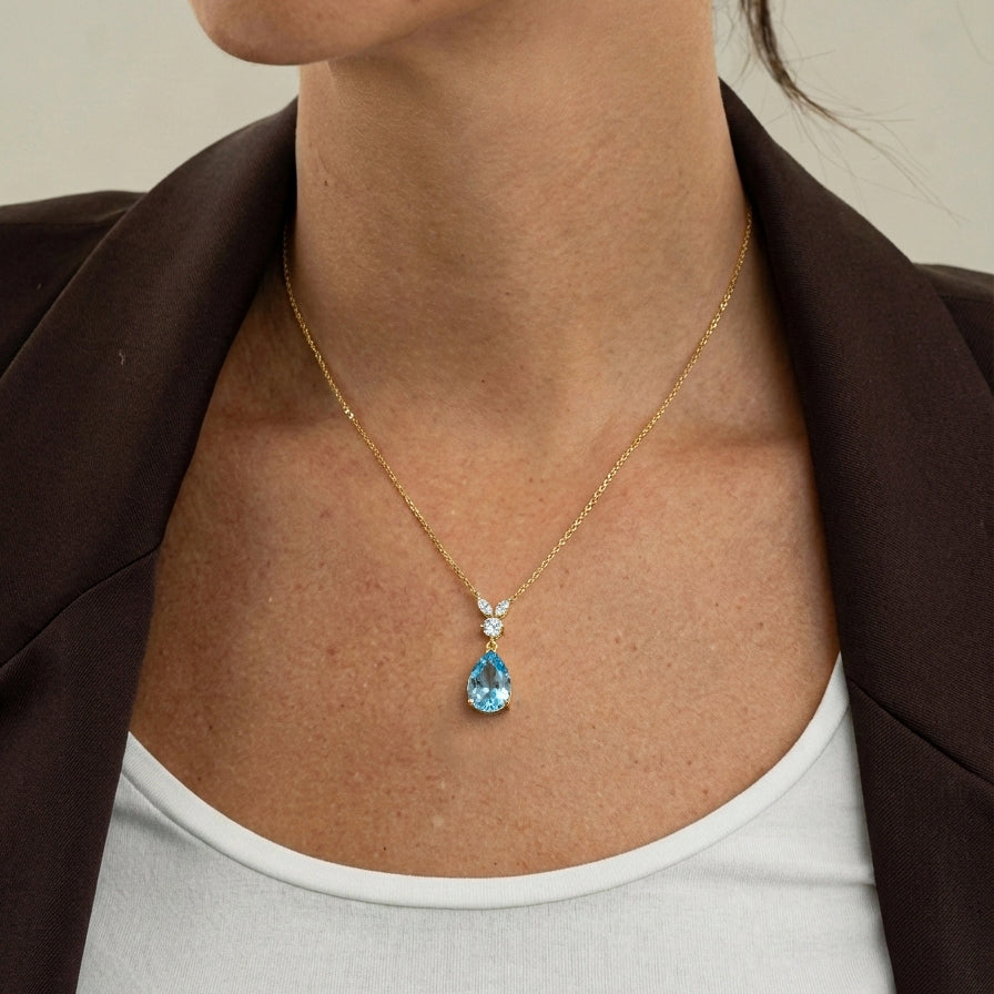 Aquamarine Pear Teardrop Pendant Necklace in 925 Sterling Silver 1.7ct