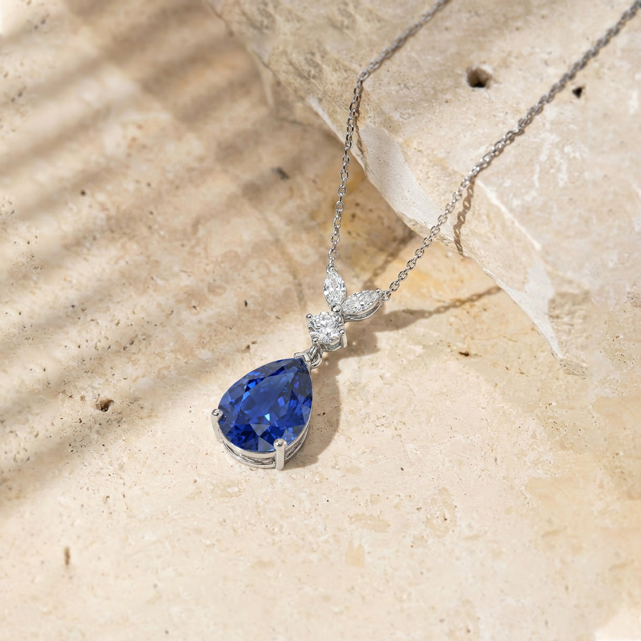 Blue Sapphire Pear Teardrop Pendant Necklace in 925 Sterling Silver 1.7ct