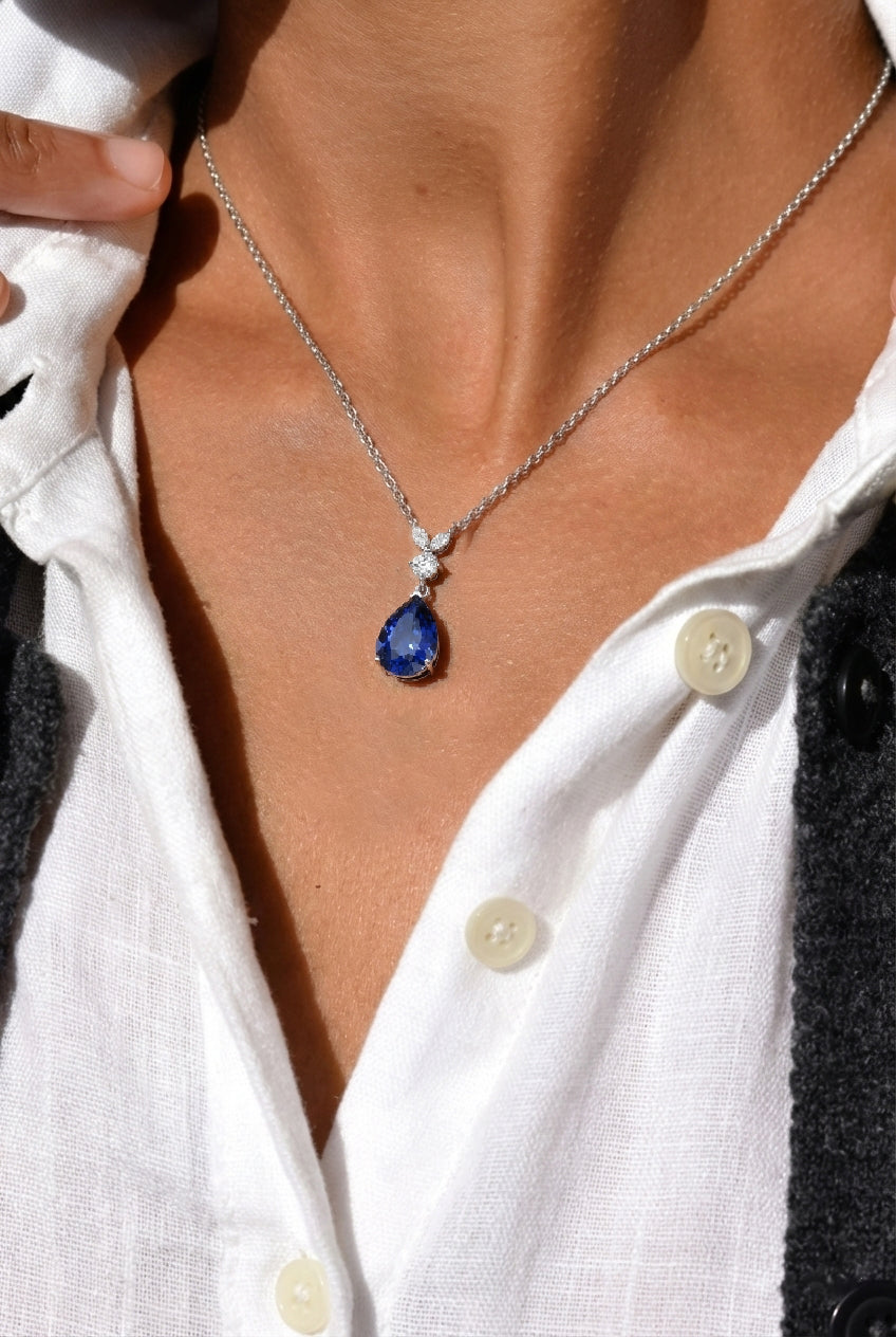 Blue Sapphire Pear Teardrop Pendant Necklace in 925 Sterling Silver 1.7ct