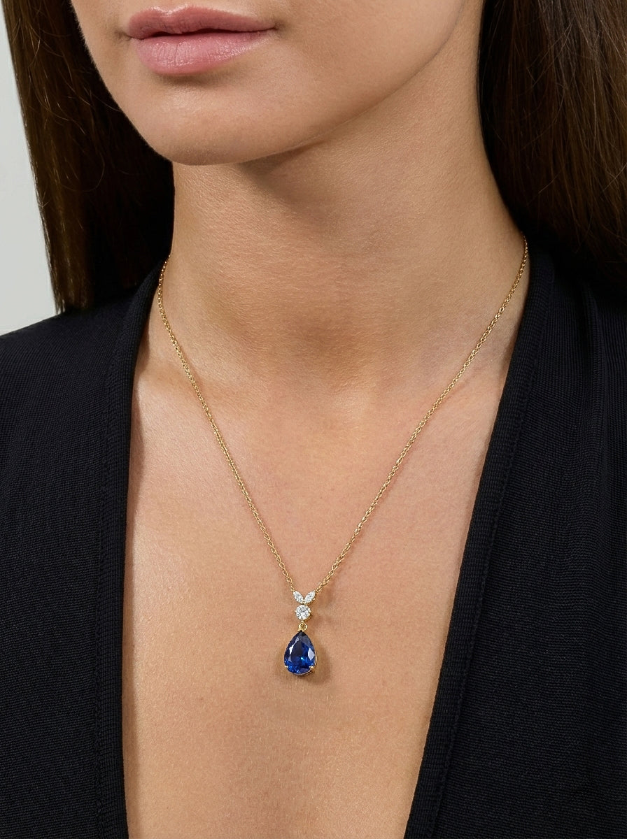 Blue Sapphire Pear Teardrop Pendant Necklace in 925 Sterling Silver 1.7ct