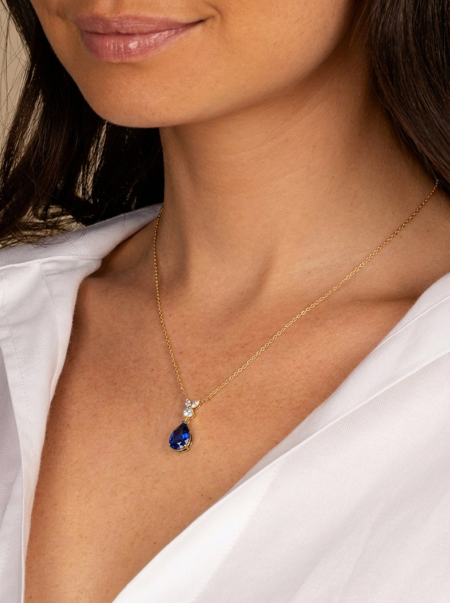 Blue Sapphire Pear Teardrop Pendant Necklace in 925 Sterling Silver 1.7ct