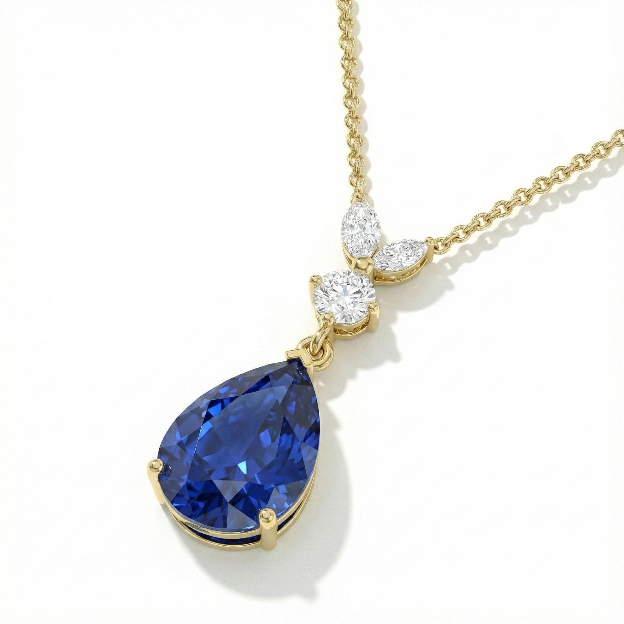 Blue Sapphire Pear Teardrop Pendant Necklace in Yellow Gold Plated 1.7ct