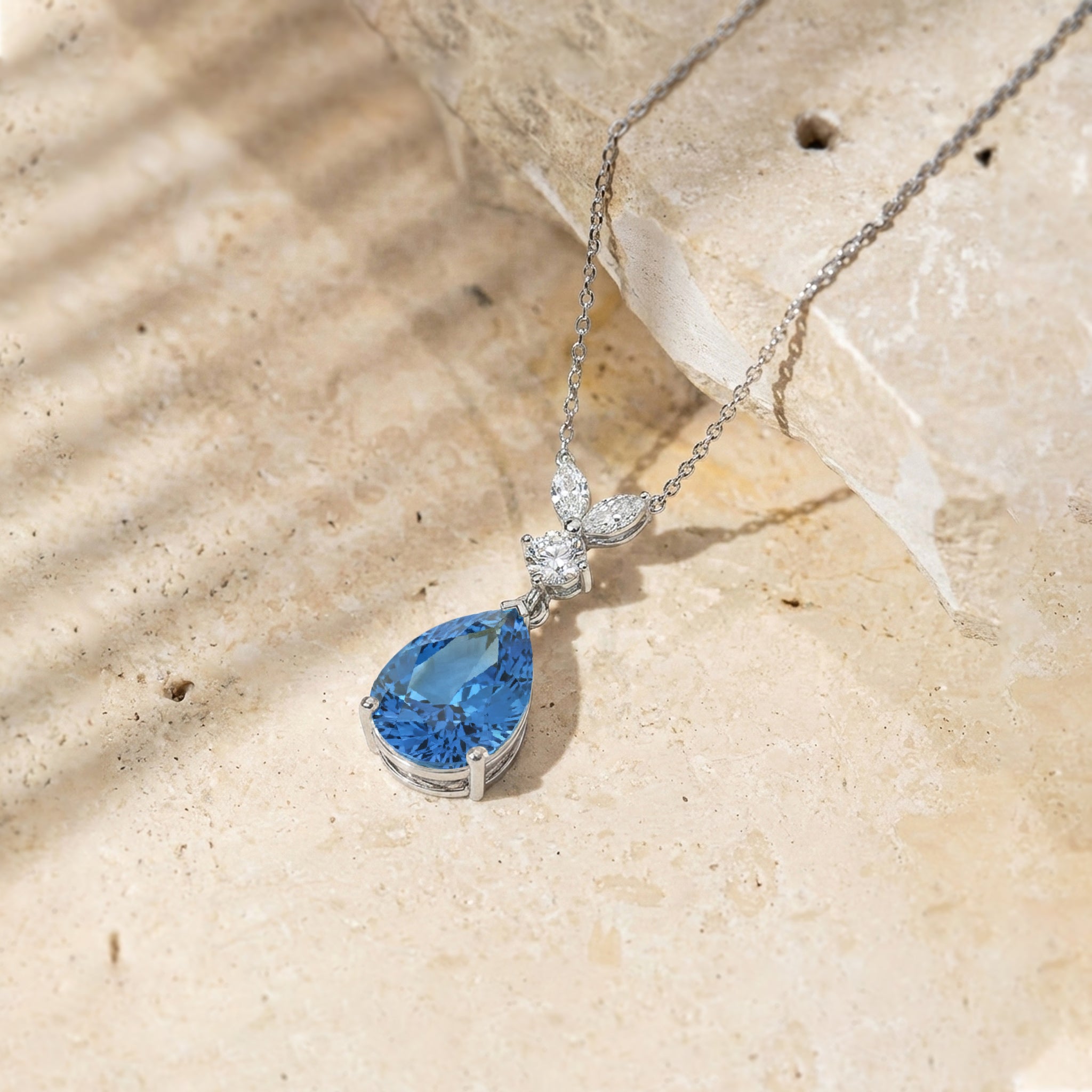 Natural Blue Topaz Pear Teardrop Pendant Necklace in 925 Sterling Silver 1.7ct