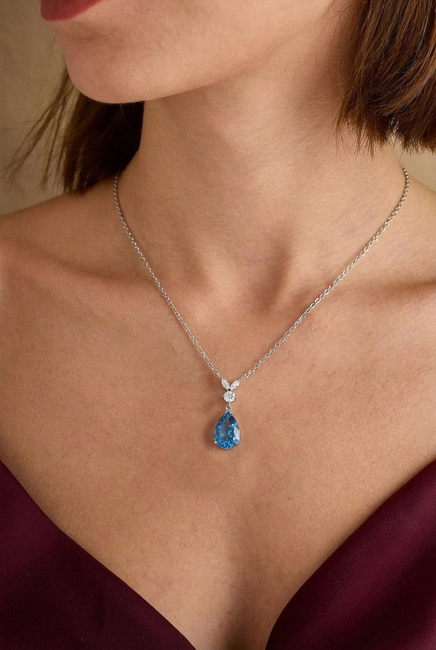 Natural Blue Topaz Pear Teardrop Pendant Necklace in 925 Sterling Silver 1.7ct