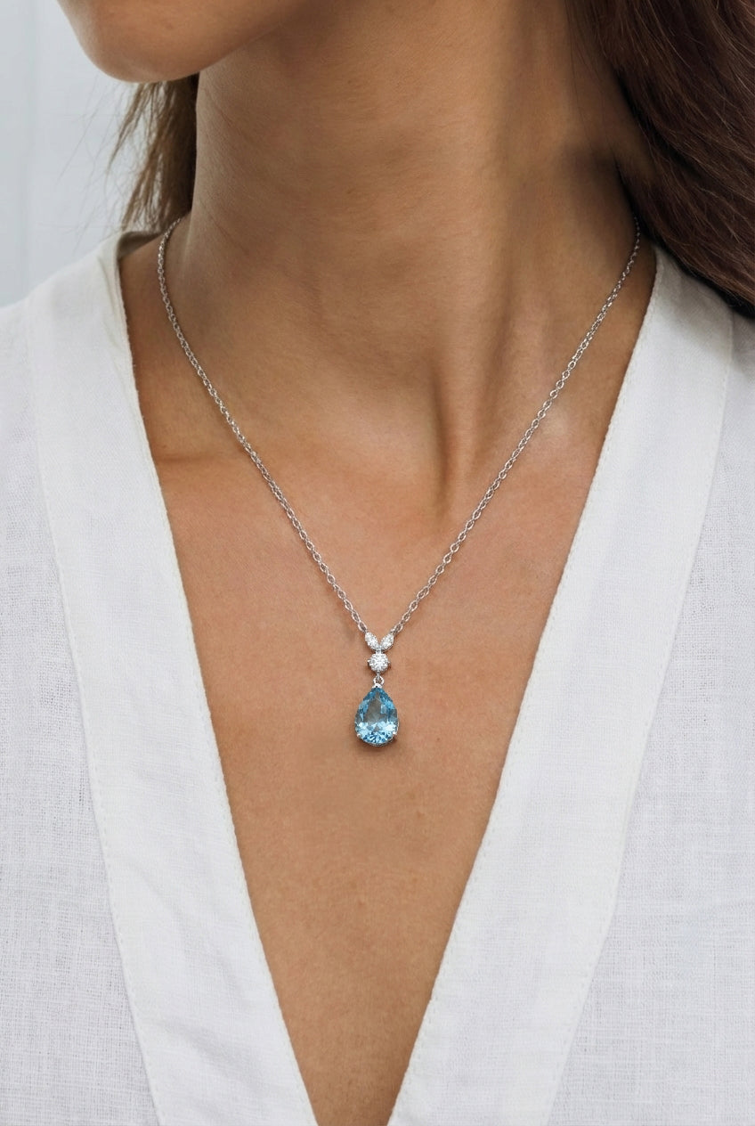 Natural Blue Topaz Pear Teardrop Pendant Necklace in 925 Sterling Silver 1.7ct
