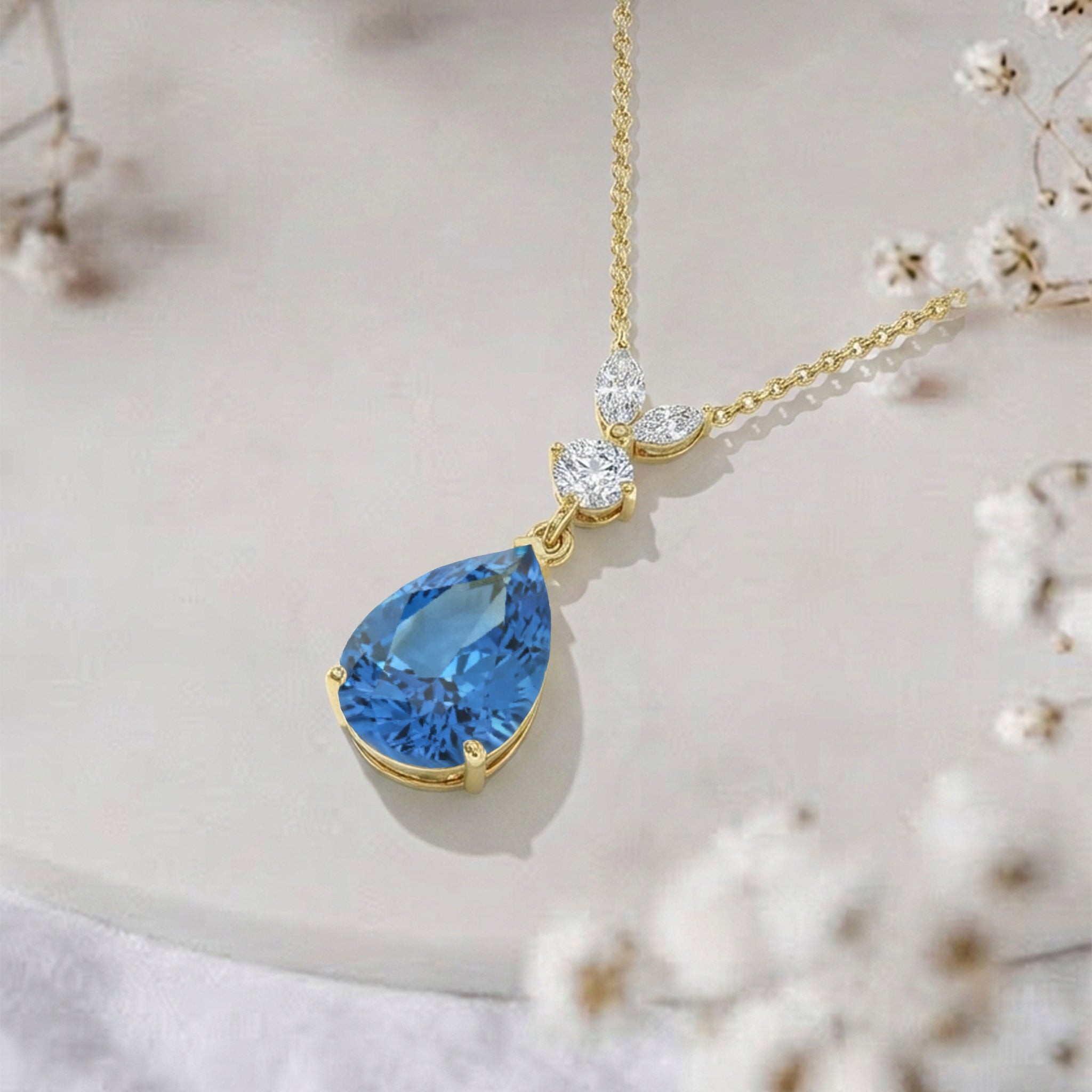 Natural Blue Topaz Pear Teardrop Pendant Necklace in 925 Sterling Silver 1.7ct