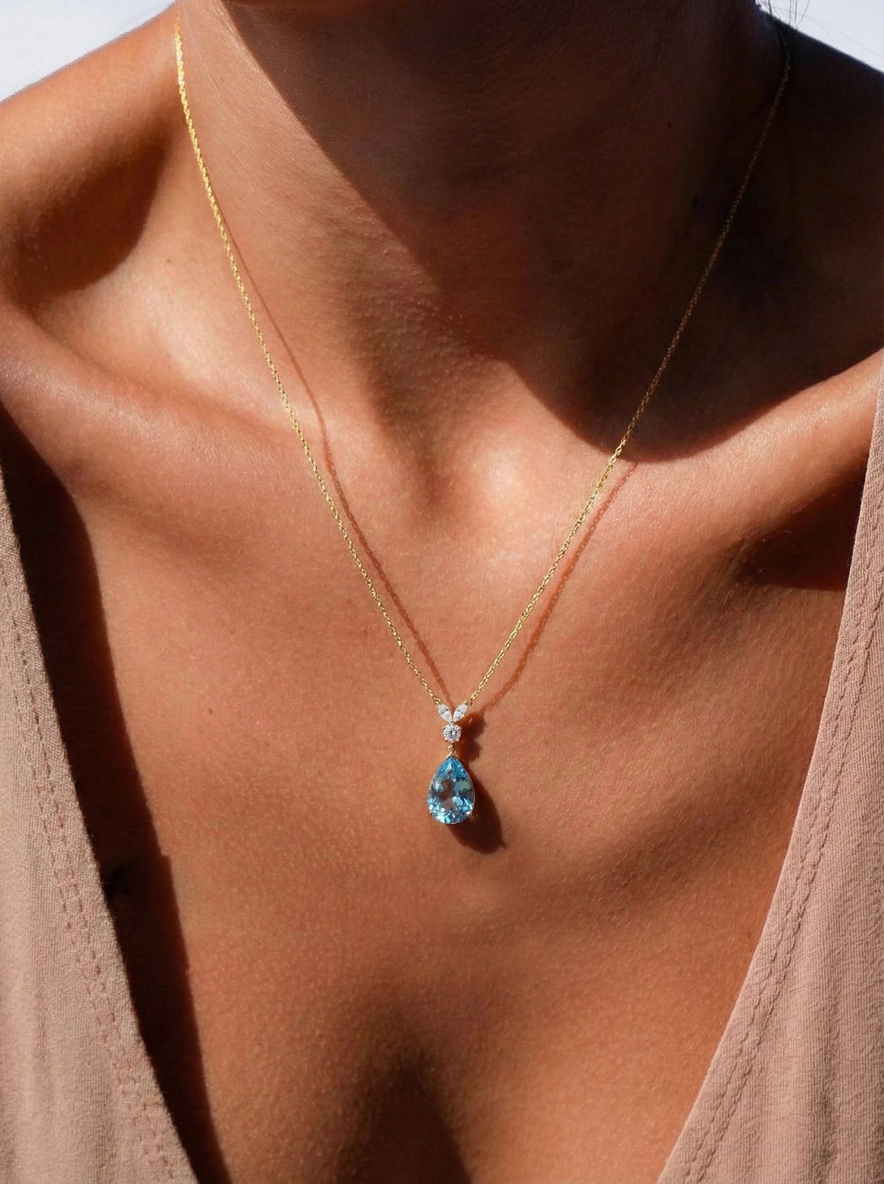 Natural Blue Topaz Pear Teardrop Pendant Necklace in 925 Sterling Silver 1.7ct