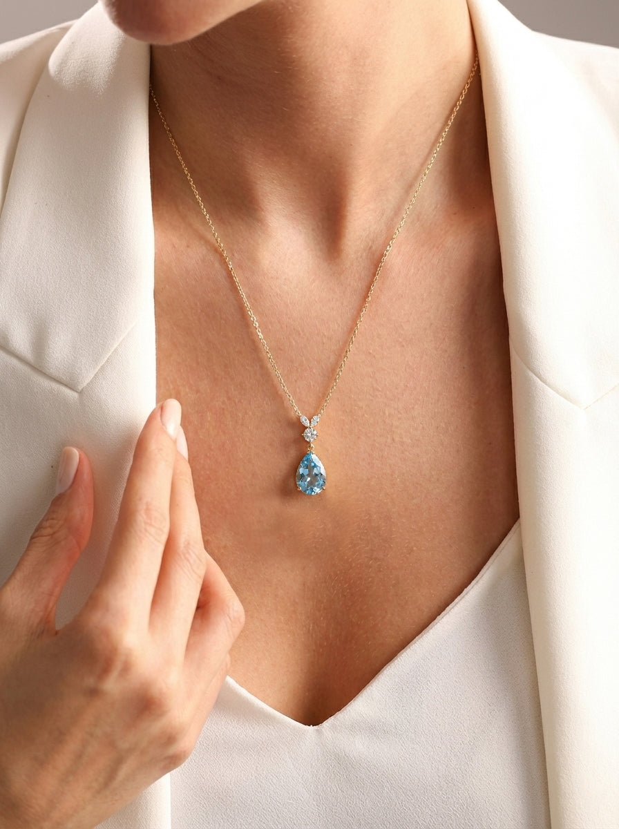 Natural Blue Topaz Pear Teardrop Pendant Necklace in 925 Sterling Silver 1.7ct