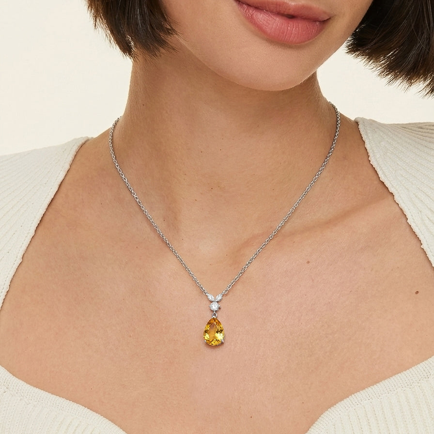 Natural Citrine Pear Teardrop Pendant Necklace in 925 Sterling Silver 1.7ct