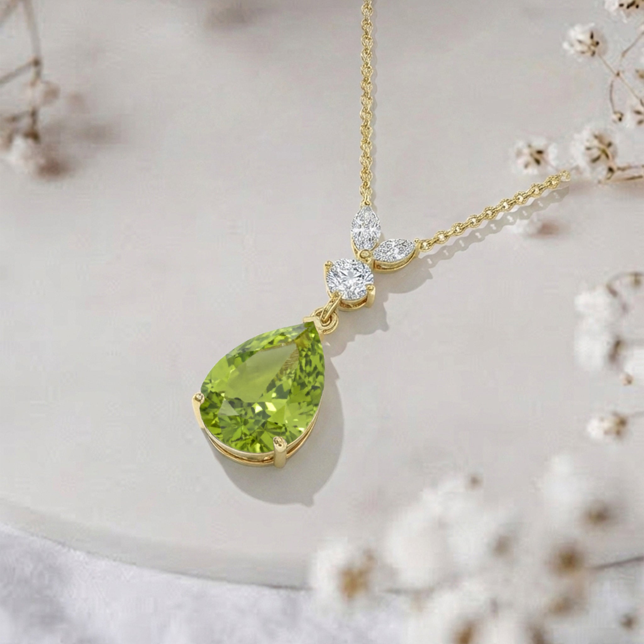 Natural Peridot Pear Teardrop Pendant Necklace in 925 Sterling Silver 1.7ct