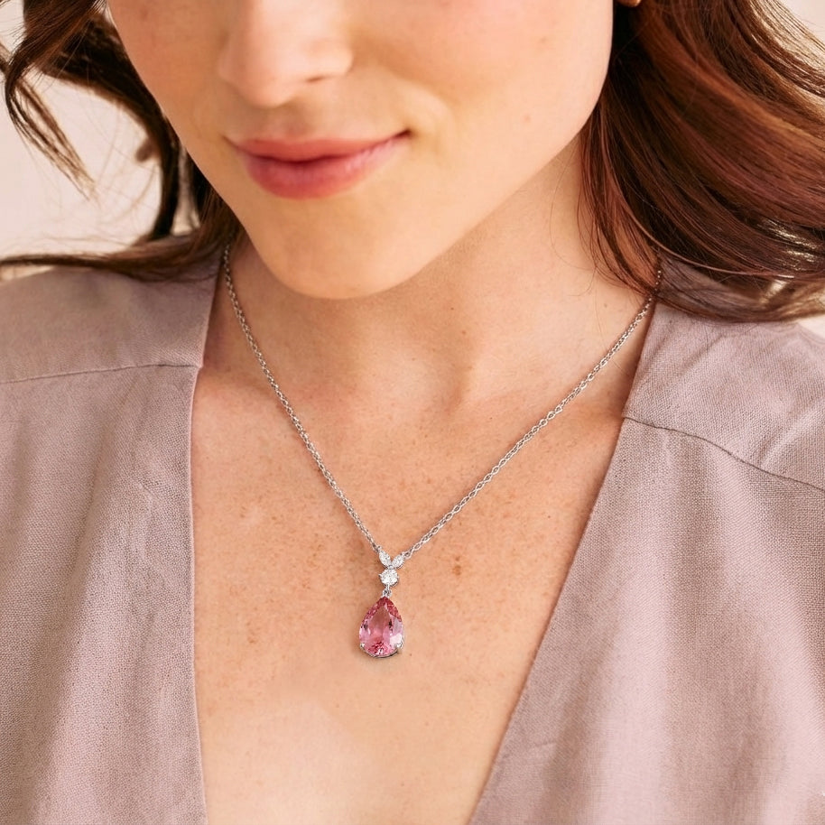 Pink Tourmaline Pear Teardrop Pendant Necklace in 925 Sterling Silver 1.7ct