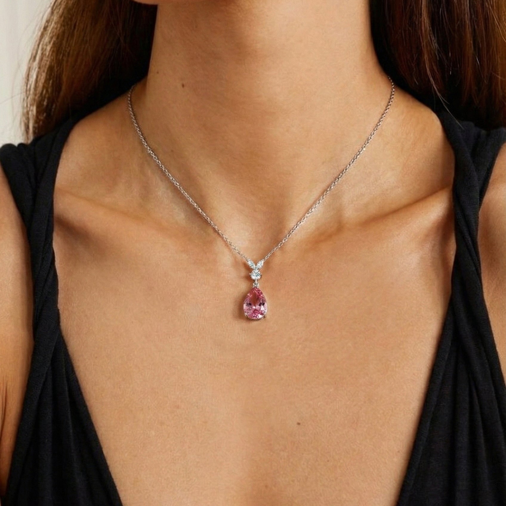 Pink Tourmaline Pear Teardrop Pendant Necklace in 925 Sterling Silver 1.7ct