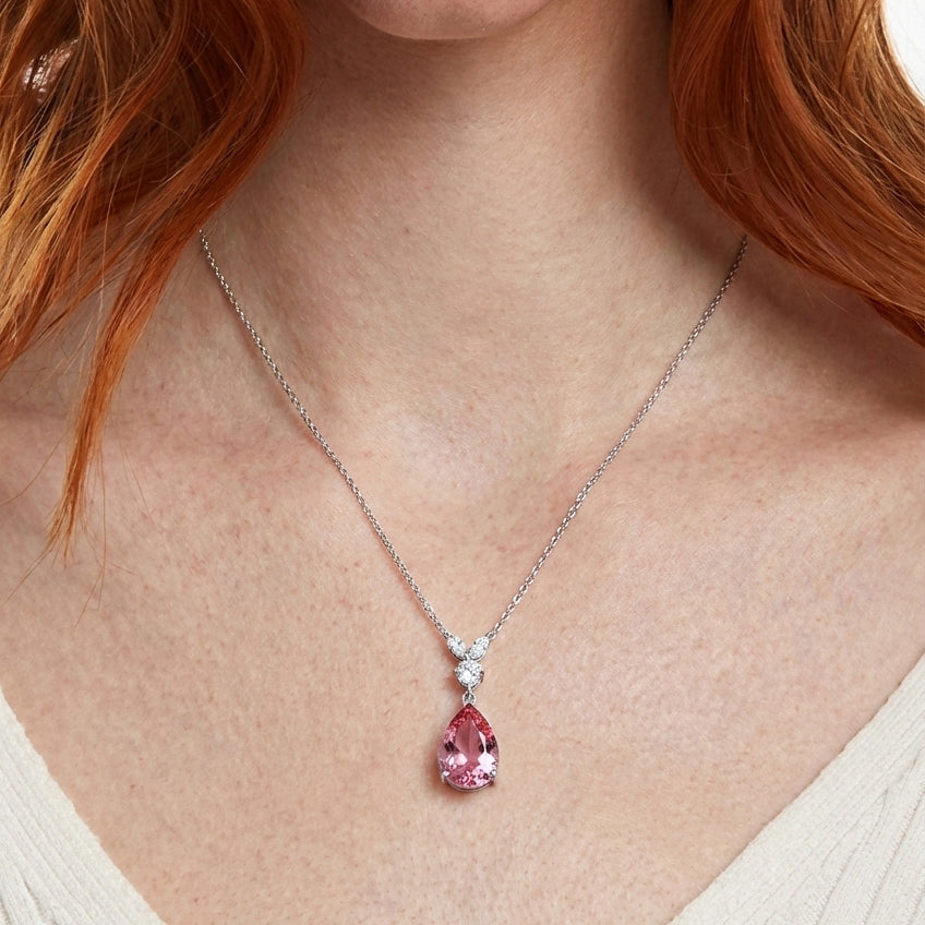 Pink Tourmaline Pear Teardrop Pendant Necklace in 925 Sterling Silver 1.7ct