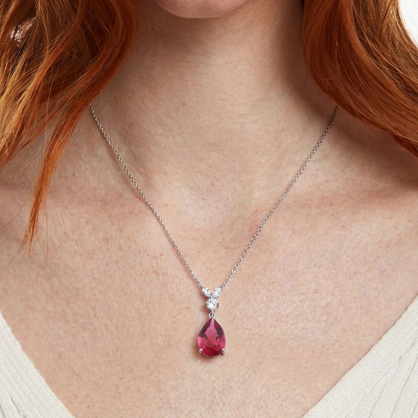 Pink Tourmaline Pear Teardrop Pendant Necklace in 925 Sterling Silver 1.7ct