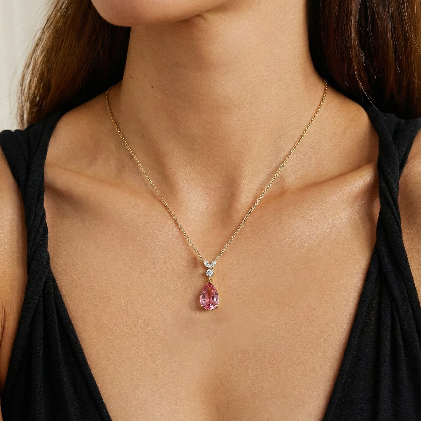 Pink Tourmaline Pear Teardrop Pendant Necklace in 925 Sterling Silver 1.7ct