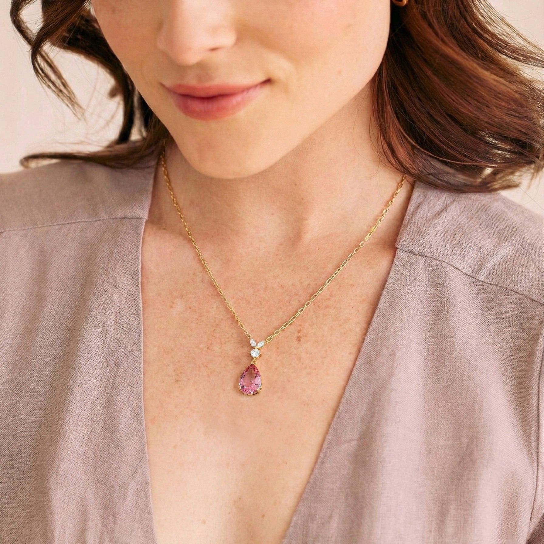 Pink Tourmaline Pear Teardrop Pendant Necklace in 925 Sterling Silver 1.7ct