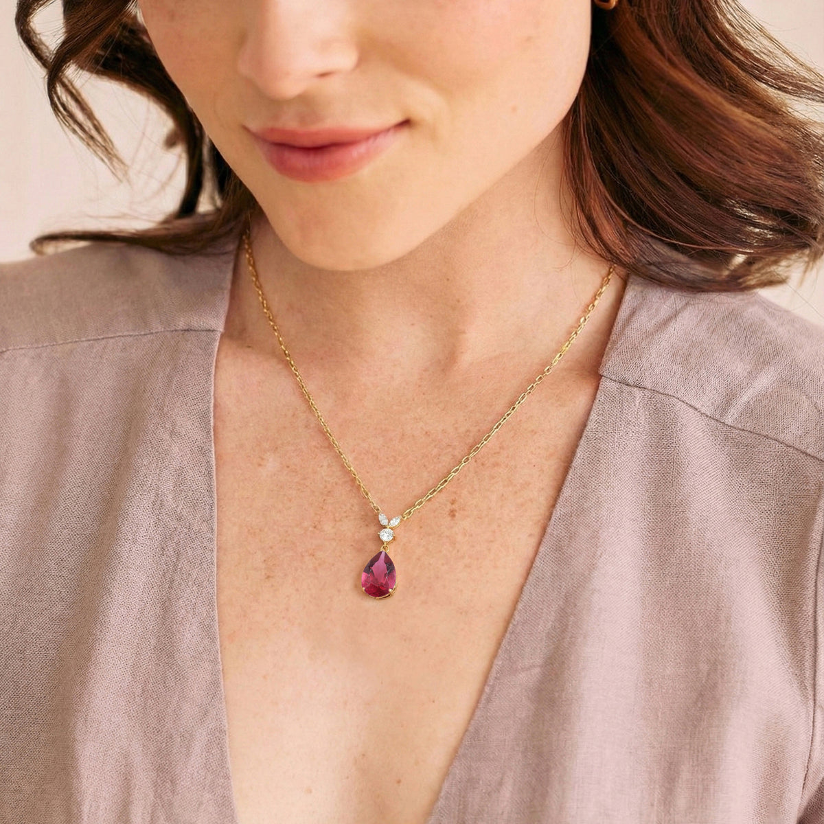 Pink Tourmaline Pear Teardrop Pendant Necklace in 925 Sterling Silver 1.7ct