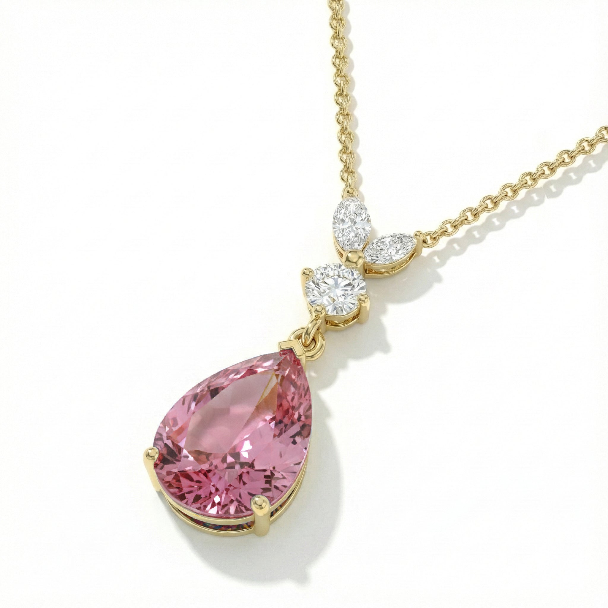 Pink Tourmaline Pear Teardrop Pendant Necklace in Yellow Gold Plated 1.7ct