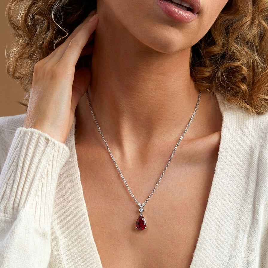 Ruby Pear Teardrop Pendant Necklace in 925 Sterling Silver 1.7ct