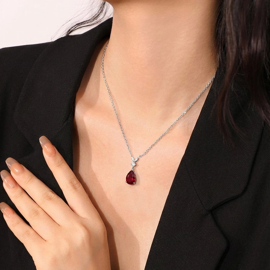Ruby Pear Teardrop Pendant Necklace in 925 Sterling Silver 1.7ct