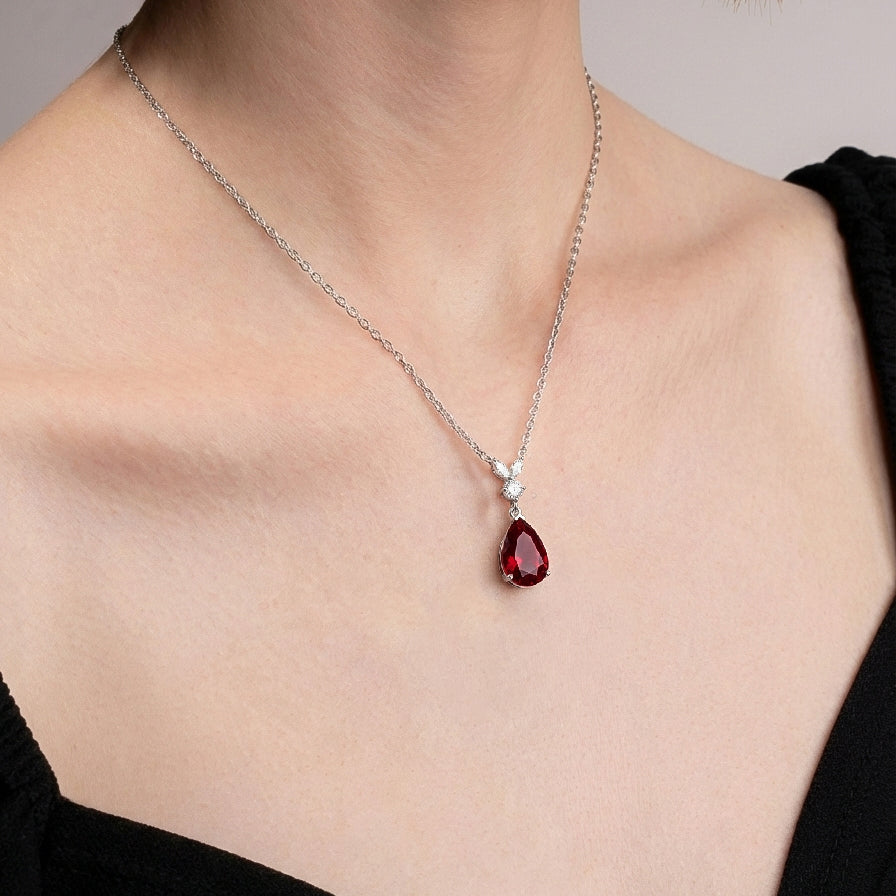 Ruby Pear Teardrop Pendant Necklace in 925 Sterling Silver 1.7ct