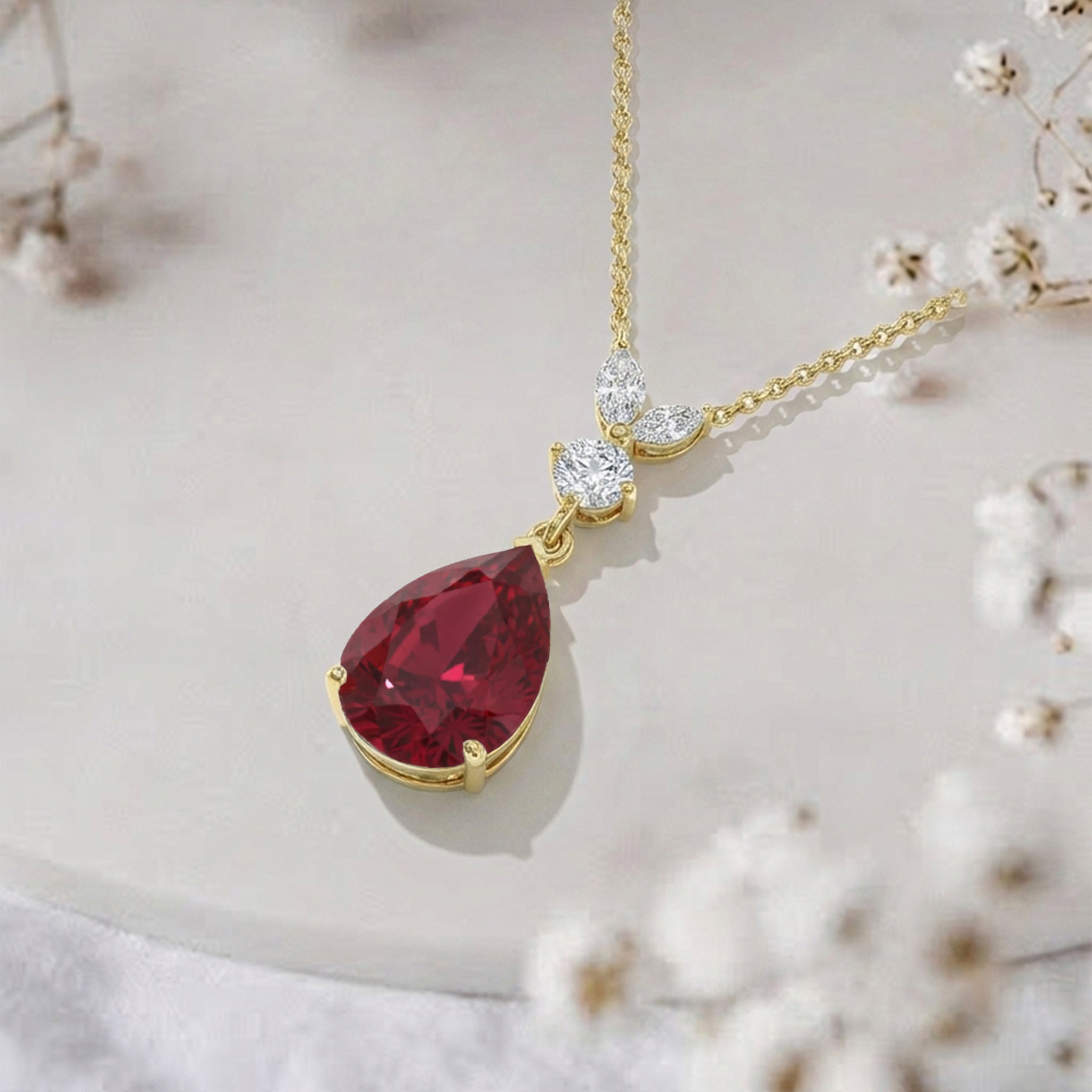 Ruby Pear Teardrop Pendant Necklace in Yellow Gold Plated 1.7ct