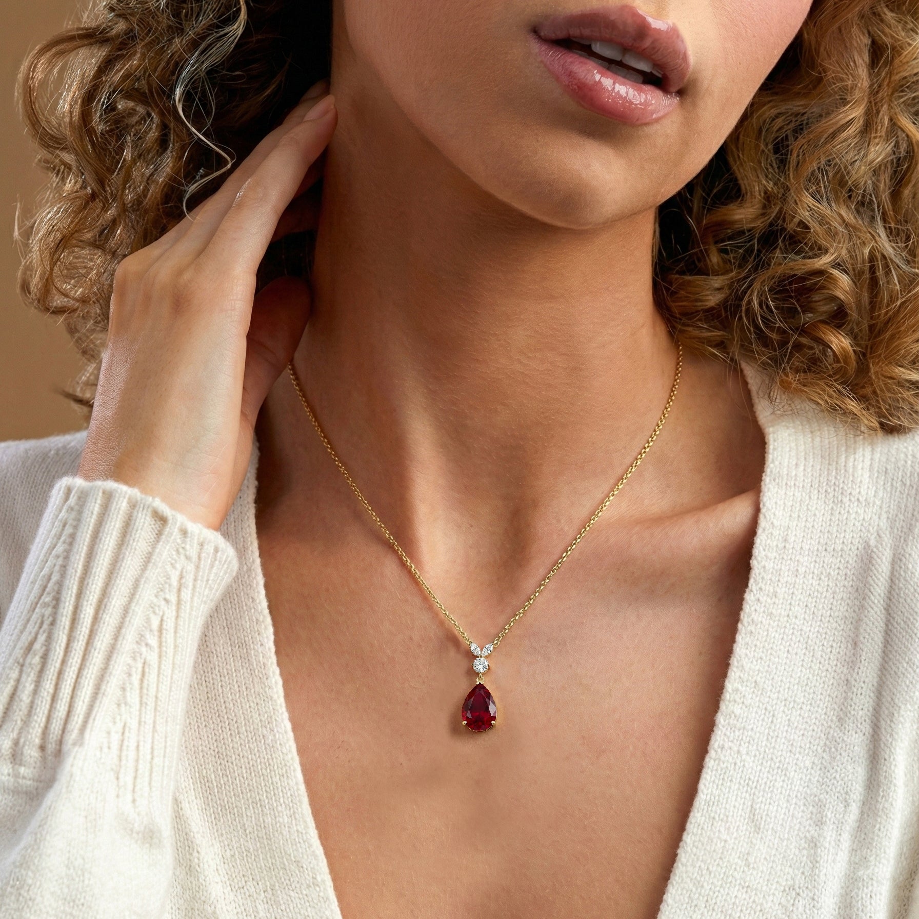 Ruby Pear Teardrop Pendant Necklace in Yellow Gold Plated 1.7ct