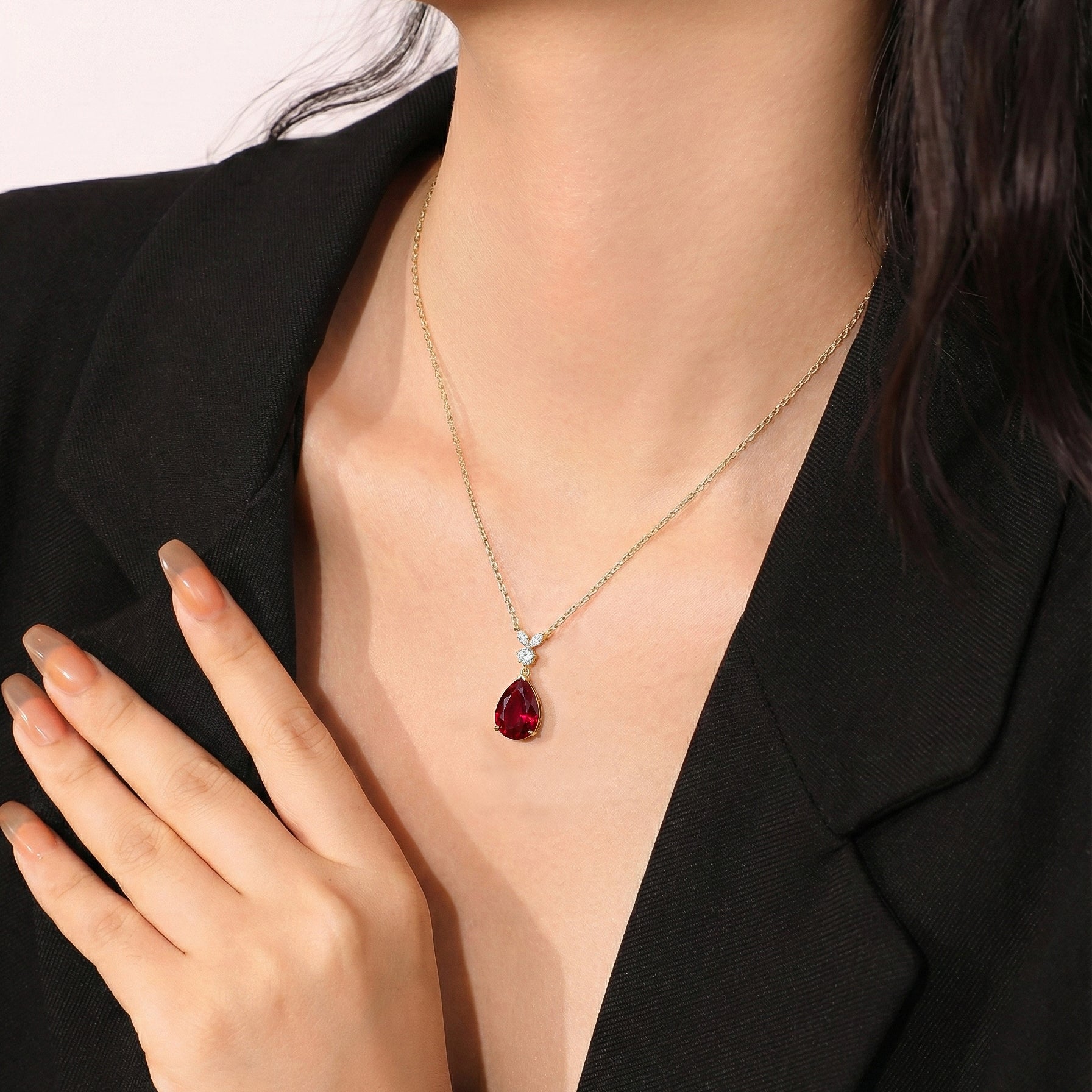 Ruby Pear Teardrop Pendant Necklace in Yellow Gold Plated 1.7ct