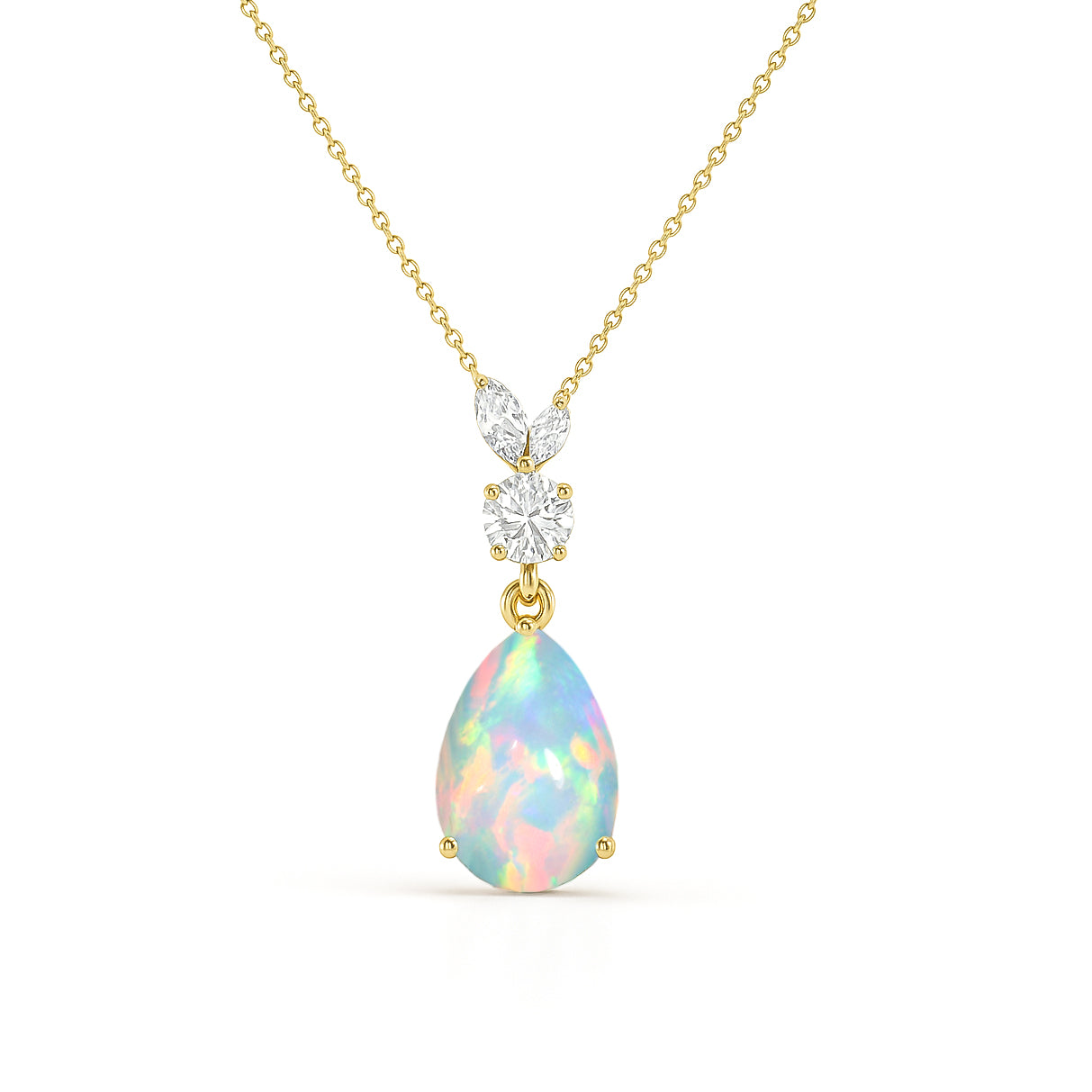 White Opal 10x7mm Pear Teardrop Necklace in 925 Silver Smooth Gem