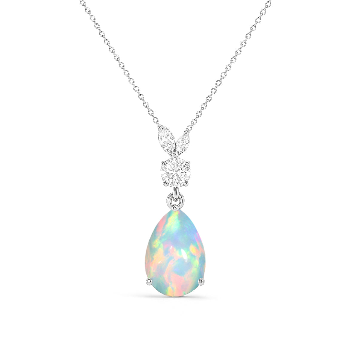 White Opal 10x7mm Pear Teardrop Necklace in 925 Silver Smooth Gem