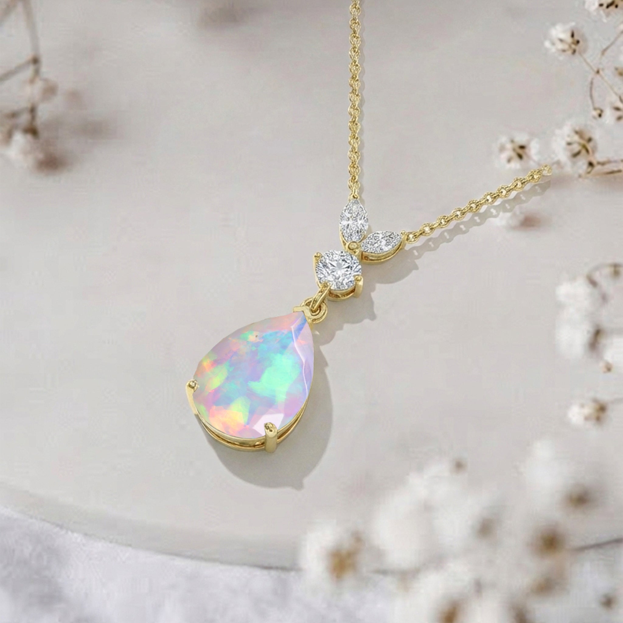 White Opal Pear Teardrop Pendant Necklace in Yellow Gold Plated 1.7ct